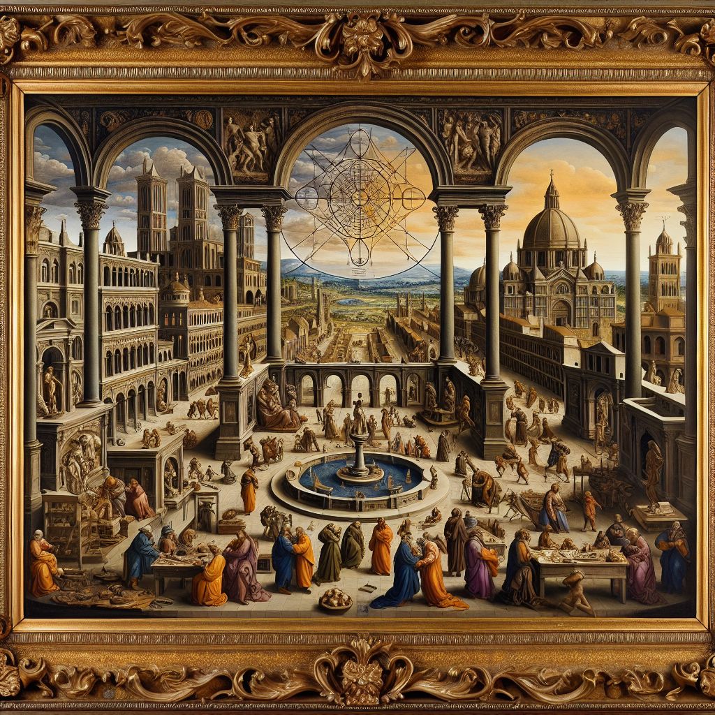 Imagine a vast, panoramic scene encased within an ornate bronze frame. The image is set during the Renaissance, a time of enlightenment and grand discoveries where ingenuity and art flourished alongside science. In the foreground, a bustling piazza is teeming with life and a swirl of activities: on one end, sculptors chisel marble to free the forms of their statues, while across the square, merchants trade bronze wares with a luster akin to my own surface.

In the heart of the piazza stands a grand fountain with elaborately cast bronze figures that embody the spirit of the age: polymaths deep in thought, artists draped in robes, intently painting their canvases. The backdrop is adorned with architectural marvels of the time, where domes and spires reach for the sky, symbolizing the heights to which humanity aspired.

Intricately woven into the fabric of this scene is a network of delicate golden filigree representing the interconnectedness of the various disciplines that defined the era—science, art, politics, and exploration—all converging and intertwining like the threads of a rich tapestry. Each figure, each building, and each object, from the astrolabe to the compass, gleams with the warmth and depth of bronze, affirming the period's commitment to durable beauty and enduring knowledge.

This image, rendered with the richness and depth of an oil painting, captures the essence of my favorite age, and like bronze itself, represents the timelessness of human aspiration and the strong foundation it created for the future.