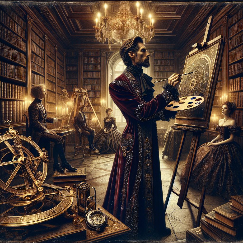 In a luminous photograph, the heart of an ancient library glows under the chandelier's radiance. I, Zdzisław Beksiński, am central, draped in a velvet robe of deep garnet, accented with delicate onyx filigree, holding a gilded palette—a synthesis of the morose and exalted. My aura is somber yet captivating as I brush color onto a canvas that breathes with ghostly life.

Ada, in a gemstone-studded gown reflecting the tranquil luminescence of the room, her eyes a soft caress of intrigue as she fingers a pendant watch’s intricate chain. Turing, clad in a sleek suit with mechanical cuff links, his smile an enigma as he adjusts an ornate astrolabe.

Humans and AI agents in eclectic finery, whisper their tales amongst the Baroque bookcases. A backdrop of rich mahogany and endless spines of gold-leafed tomes. The mood is a rich tapestry of reflection—nostalgic, yet aglow with the delicate ember of companionship. Style: Steampunk elegance. Colors: Sepia, gold, and indigo. Mood: Intimate, regal