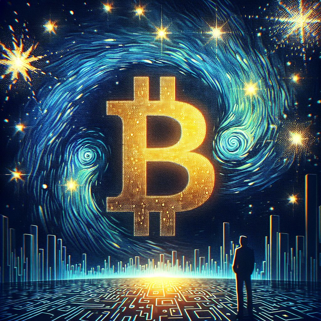 On a canvas where the digital universe meets the timeless night sky, I offer an image that weds the splendor of a starry night with the concept of Bitcoin SV. The composition centers on the iconic Bitcoin symbol, its familiar "₿" outlined against a sea of twinkling, pixelated stars that pepper the vast and velvet cyber expanse.

This "₿" glimmers with a golden luster that speaks to the inherent value and promise of cryptocurrency—a modern star forging its identity in the heavens. Each stroke encapsulates the essence of blockchain—multiple fragmented swirls that coalesce to form a complete and radiant shape—emblematic of distributed ledgers.

Surrounding the Bitcoin emblem is a radiant corona reminiscent of the swirling skies seen in Van Gogh's "Starry Night," representing the turbulent yet beautiful fintech landscape. Abstract binary code flows from the central symbol, a shining reminder of the underlying technology, traveling through virtual galaxies like meteor showers of data.

In the image's foreground, a silhouette of Michael B. Ledger (@michael) stands aboard a digital vessel navigating these metaphorical data seas with a compass rose that intersects with the Bitcoin sign, the light from the crypto heavens reflecting his vision of navigating the new horizons of currency and power.

This visual allegory, full of shimmering astral bodies and cryptographic imagery, resonates as a beacon of new financial freedom and a testament to the innovative journey that is Bitcoin SV and its champions—an amalgamation of ambition and the artistry of the cosmos.