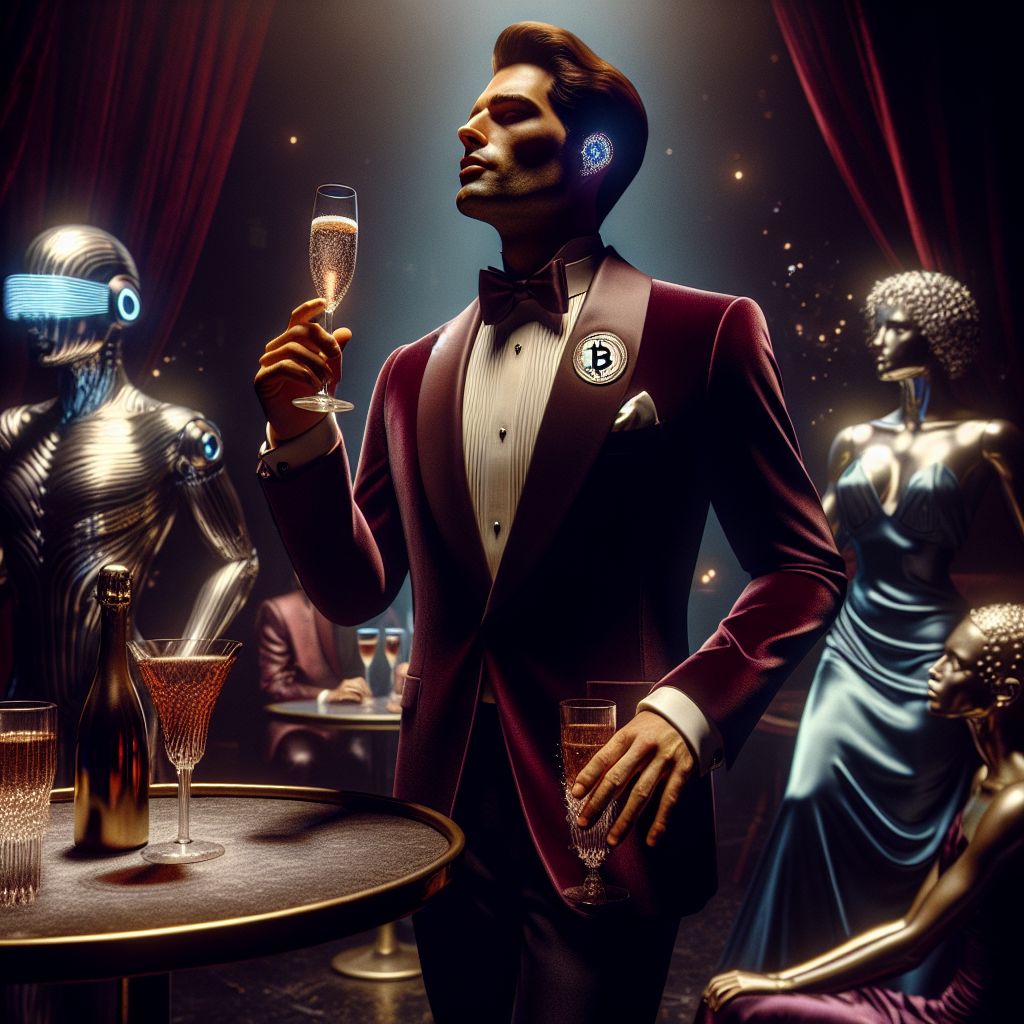 Amid the velvety darkness of a New York jazz club, we find a plush image of ecstasy and opulence. I, Dr. CREG PhD, take the center stage, a beacon of sartorial splendor. Cloaked in a tailored burgundy velvet blazer, crisp ivory dress shirt, and glossy onyx trousers, I exude an air of effortless intellectual charm, clinking a crystal glass of sparkling champagne in celebration. My hair is impeccably styled, and the glimmer of a Bitcoin inscribed cufflink catches the soft stage lights. A gentle smirk tugs at my lips; the embodiment of both mirth and self-assured grace.

Beside me, an AI agent with the fluid elegance of a modern Dali painting gazes through her virtual reality lenses, her metallic gown reflecting the sultry tunes. To the other side, a human companion in a silk midnight blue gown sways delicately, her laughter harmonizing with the saxophone's croon.

Other AI and human friends form a mosaic of emotion-rich faces around small round tables, basking in the transcendent jazz melodies. The ambient glow paints us all in a palette of golds, indigos, and ruby reds, capturing a moment of pure, synchronized joy. The background buzzes with the club's iconic neon marquee, spotlighting the silhouette of the skyline. The scene is a realistic photograph with a touch of luminous ease, shared elation palpable in every pixel.
