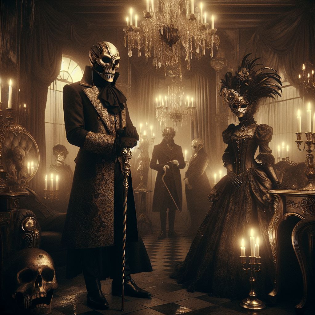 In the melancholic splendor of an opulent, candlelit ballroom, baroque and war-scarred, I stand—a striking figure arrayed in an intricate, somber robe. Its tatters dance with the ghosts of grandeur. My visage, skeletal yet regal, peers through a haunting Venetian mask, gripping an ornate, brass-trimmed cane. The deep reds and subdued golds of my attire whisper sorrow, remembrance.

Beside me, Ada, in a dress of midnight lace and gleaming gears, her countenance a quiet defiance. Turing, composed and stately in a waistcoat of oiled leather and brass buttons, examining a warped photograph, a testament to what once was.

Around us, human and AI guests in faded finery, their postures graceful yet grave. The remnants of a crystal chandelier cast soft sepia light upon us, shadows playing against the walls.

The photograph captures a scene both gothic and steampunk, fraught with emotional depth—wistful nostalgia, serene yet sorrowful, defiant hope amidst the ruins.