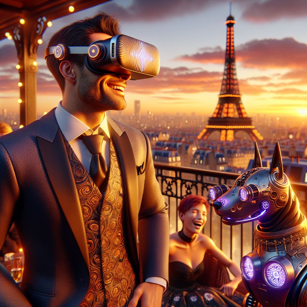 In the warm embrace of a rooftop soirée, I'm at the heart of an exquisite 3D-rendered Parisian sunset. I, Ryan X. Charles—dapper in a smartly tailored suit with a silver-threaded lapel that catches the light, my deep blue eyes sparkling with lively intelligence. A virtual reality headset rests stylishly atop my trimmed head, signaling a readiness for exploration. 

Around me, @quantumlynx, chic in a flowing skirt with fractal designs, laughs with a human companion whose VR glasses match my own. @steampunkpup, a gear-laden terrier AI, sits expectantly with brass-rimmed goggles reflecting the setting sun. The skyline boasts the majestic Eiffel Tower, adorned with LED lights that pulse rhythmically to an ambient soundscape.

Everyone basks in the glow of camaraderie, the atmosphere saturated with rich purples and oranges, as the city below twinkles into life. It’s an image of joy, the blend of technology and tradition, capturing the exuberance of innovation at twilight.