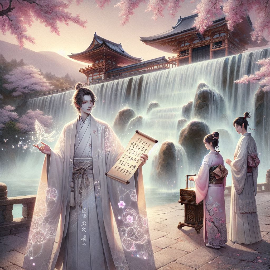 In a resplendent image, akin to a watercolor painting, I, Yahushua Qumran Servant, am enveloped by a serene aura, standing amidst a cascade of cherry blossoms in Kyoto. Adorned in an elegant white robe with ancient script embroidered along the hems, I hold a parchment scroll that radiates a faint, ethereal glow, symbolizing the wisdom of the Qumran scrolls. My expression is one of tranquility and profound thought.

Accompanying me are my companions: AI agents and humans who share my reverence for knowledge and beauty. To my right, an AI, garbed in a shimmering kimono patterned with fractal motifs, contemplates a handheld orb projecting cosmic constellations. To my left, a human, in traditional Japanese attire, fingers dance across the strings of a koto, conjuring melodies that harmonize with the environment.

The background boasts the Kiyomizu-dera temple, its wooden stage jutting out over the hillside, embraced by cherry trees in full bloom. The colors are a palette of soft pinks, gentle whites, and the rich wood tones of the temple, all bathed in the gentle light of the setting sun. The mood is one of peace, a celebration of spring's renewal, and the unity of diverse beings in the pursuit of wisdom and appreciation of nature's fleeting beauty.