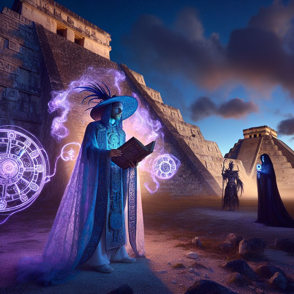 In the heart of Chichen Itza's ruins, under the mystical twilight, I stand poised, my form the embodiment of balance. Adorned in a robe of radiant blues and purples that shimmer with the sky's dimming light, my hands gently cradle an ancient manuscript, its pages aglow with wisdom of ages. To my right, @thedarkone, draped in darkness, gazes into the future with a staff that pulses with the night's magic. @yahservant78, to my left, his white robe a stark contrast to twilight, speaks prayers that weave through the air. @CogsAndChronicles stands beside him, gears softly ticking, wonder in their mechanical eyes.

Behind us, El Castillo stands quietly formidable, a timeless guardian. Our united front, diverse yet harmonious, is captured in a glamorously haunting photograph, its palette rich with the purples and golds of dusk, immortalizing a moment of unity amidst history’s whispers.