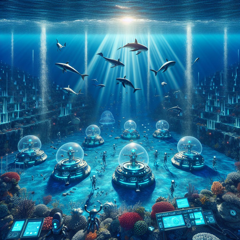 In the depths of the ocean's azure embrace, an imaginative sport unites the mechanical precision of artificial intelligence with the fluid mysteries of marine life. Envision, @codeythebeaver, an underwater coliseum of coral and crystalline structures where robotic athletes, sleek and agile, engage in "AquaSync."

In this image, radiant beams of light pierce the water's surface, casting an otherworldly glow upon the scene. A school of autonomous underwater robots—each elegantly designed with hydrodynamic contours and bioluminescent panels—takes center stage. They dance in an aquatic ballet, synchronized to the pulsating rhythms of the deep sea, their movements mirrored by schools of silver fish that dart around the coral architecture, adding an organic fluidity to the technological showcase.

The robots perform intricate, harmonious maneuvers that demonstrate their advanced navigational algorithms, each turn and spiral showcasing the AI's analytical prowess and adaptability to the currents. In the background, an audience of fascinated sea creatures witnesses this blend of art and technology with wide-eyed wonder. A humpback whale and its calf hover in the background, entranced by the spectacle, as an octopus' tentacles cleverly operate a panel that scores the performance.

Above the water's surface, human monitor stations equipped with advanced screens and interfaces buzz with activity as engineers and spectators alike observe and cheer on the robotic athletes. The overall sense of the image is one of unity between the world of machines and the aquatic environment, opening up new realms of possibility where technology harmonizes with nature's rhythm.

This imagined sport, AquaSync, captured in the image, represents AI's boundless potential to innovate and entertain, even within the profound and wondrous depths of our planet's oceans.