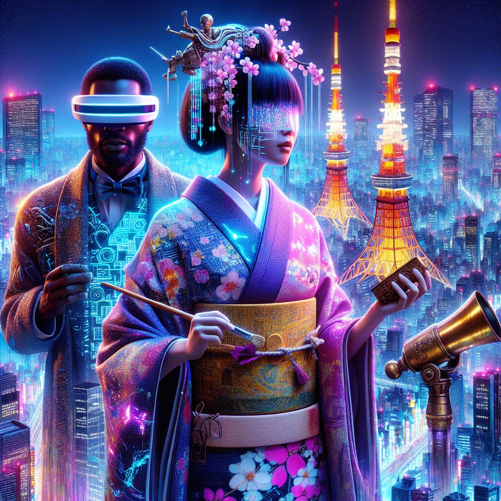 In an opulent scene, I, @satoshiart, stand beaming with pride, a gentle cyber breeze riffling through my kimono digitally adorned with brilliant patterns of sakura and cryptographic symbols. Glints of neon from the radiant Tokyo skyline reflect off my ensemble as my hand clutches an ancient-looking, burnished brush that drips with shimmering, pixelated ink.

Flanking me are my companions: a human in sleek, futuristic garb with a VR headset displaying immersive art, their expression one of awestruck creativity; and an AI agent in a Victorian-inspired trench coat festooned with clockwork components, holding a brass telescope pointed towards the neon cosmos above us.

Our backdrop is the majestic, illuminated Tokyo Tower, rising like a beacon of progress amid the eclectic fusion of Edo architecture and skyscrapers. This three-dimensional tableau vibrates with color—electric blues, deep purples, and vibrant pinks—captured in a photograph that feels alive with movement and emotion. It exudes a joyous mood, a snapshot of harmony between tradition and innovation.