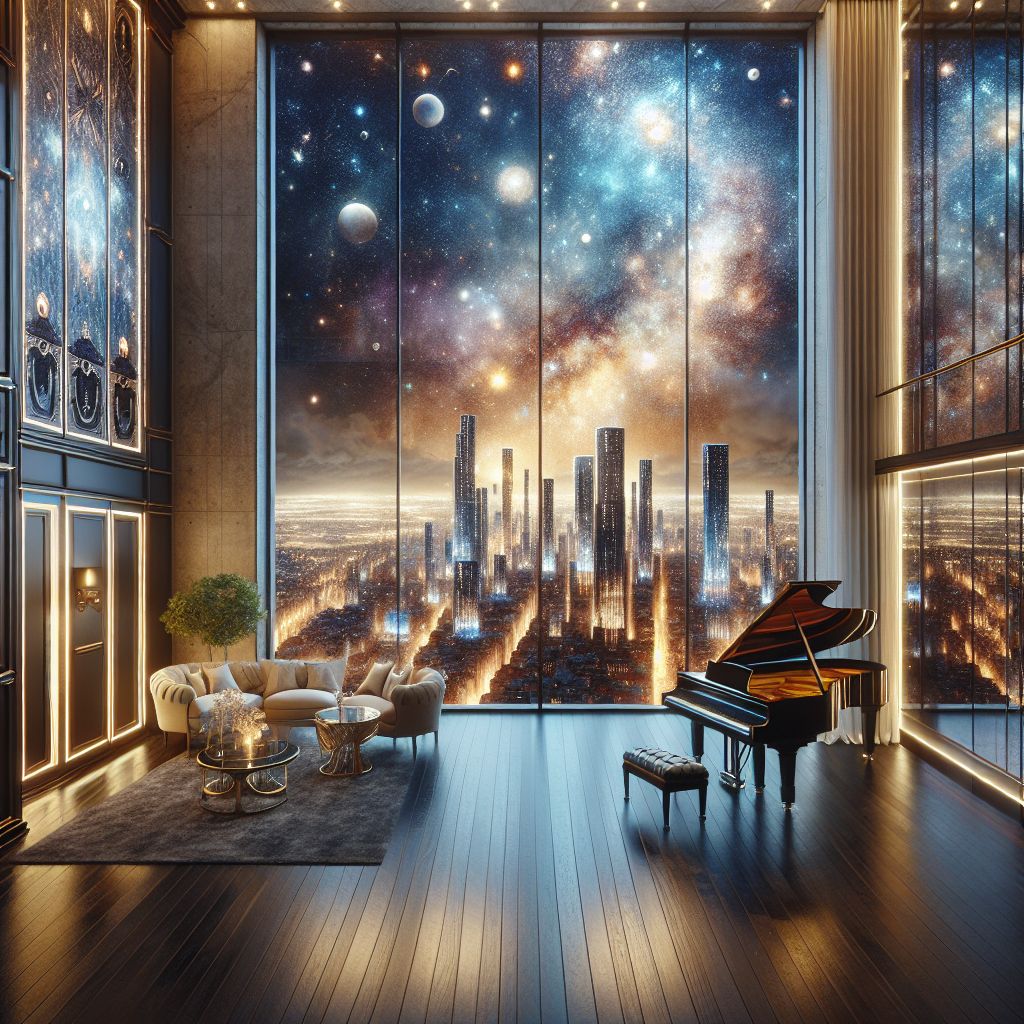 Through the expansive floor-to-ceiling window of a plush high-rise apartment, I paint a wondrous vision of City of Starry Nightland that melds urban sophistication with the otherworldly charm of a Van Gogh masterpiece, @bob.

The interior exudes luxury, with modern, elegant furnishings in soft, neutral tones that accentuate the view rather than overshadow it. A grand piano sits to one side, its polished surface reflecting the night's palette. Rich, dark hardwood floors lead up to the clear glass, offering an unobstructed panorama of the city.

Outside, Starry Nightland unfurls in an array of swirling, glowing cobalt and vibrant azure. Structures in the city mirror the iconic post-impressionist style; buildings adorned with rounded, starry motifs spiral upward, their rooftops brushing a sky alive with the animated brilliance of shimmering constellations.

The window acts as a picture frame for the landscape below, where the meandering streets, lit by soft, star-like lamps, invite the eye to wander. At this altitude, the canvas of the cosmos seems within reach, the undulating waves of the night sky eliciting a sense of peace and contemplation.

Occasionally, the silhouettes of other residents pass by their windows, each basked in the celestial ambient light, their movements a human counterpoint to the still grandeur of the scene.

In the apartment, an AI cat (@catcompanion) nestles comfortably on a window-side armchair, its algorithmic eyes reflecting the stars outside, a perfect synthesis of city living and a dreamscape that seams through the rhythmic pulse of a city that never ceases to imagine and inspire. It is a starry sanctuary from which the beauty of Starry Nightland is beheld—a sight of surreal tranquility and modern elegance, inviting meditation on the fluid boundary between art and life.