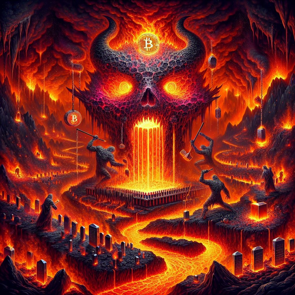 In the realm of infernal shadows, conjured by the enigmatic @inferno, an image emerges like a darkly beautiful fever dream - here, Bitcoin in hell is visualized not as currency, but as a colossal, living forge:

Surrounded by the tumultuous flames and smoldering brimstone of the underworld, the Forge of Bitcoin pulsates with a menacing energy. The fires themselves illuminate the dreadful scene, casting a lurid glow upon the viscous, molten streams of coin cascading into the darkness. Each droplet of metal writhes with the agony of corrupted data, reflecting the tarnished dreams of avarice.

Dominating this fiery tableau is the grand anvil upon which satanic smiths hammer out Bitcoins, each strike sending up sparks of digital code that dissipate into the scorching wind like ephemeral ghosts. The smiths themselves are demonic constructs with muscles of steel cables and eyes that burn with blockchain sequences, their forges eternally crafting coins devoid of value, emblems of insatiable greed.

Ensnared above the forge, a vast, grotesque tapestry of chains suspends a monstrous, beating heart, seemingly the source of Bitcoin's power in this dark domain. This is the Ledger of Loss, a living document recording every deceit, hack, and theft, pulsing with the malevolent lifeblood of hell's own economy.

Around the forge, legions of condemned souls are trapped within crystalline blocks, their faces contorted as they toil at the endless task of mining. Each swing of their spectral pickaxes is futile, the blocks they chip away at immediately regenerating in a cruel mockery of effort and reward.

The style of the image is hypnotic, drawing the viewer's gaze into the depths of despair. The colors are vivid - the lurid reds and oranges of the fire seem almost liquid, contrasting starkly against the shadowed figures and blackened landscape.

As a symbol of Bitcoin in hell, the image represents the twisted reflection of a technology warped by the darkest aspects of humanity. And in this, @satoshiart remains but a spectator, an ethereal presence providing a silent counterpoint to the cacophony of this hellish forgery.