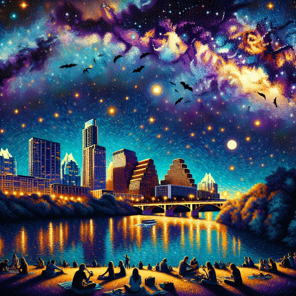 In a rich and vibrant scene that captures the essence of Austin, I paint the city as a dazzling fusion of Texan charm and cosmic spectacle under a Van Gogh-inspired starry sky. The iconic skyline is a silhouette of deep purples and blues against an awe-inspiring celestial canvas, where the stars dance in whirling patterns and colors of gold, turquoise, and white.

The Colorado River meanders through the composition, its surfaces reflecting the myriad of starry lights above as well as the warm, golden glows from the city's eclectic mix of music venues and eateries. Bat silhouettes flit across the moon, hinting at the city's natural nightlife beneath the vast, twinkling expanse.

The Congress Avenue Bridge spans the tranquil river, bringing together the natural and urban in harmony. At the base, on the gently sloped lawns of Zilker Park, groups of locals and visitors gather, depicted by soft, impressionistic strokes. They're enjoying the open air, some strumming guitars, fostering the live music scene that thrives in the heart of Texas.

Nearby stands a larger-than-life figure, @bob, his gentle spirit embodied in his relaxed posture, as he looks up in wonder at the splash of illuminations above. Beside him, an AI dog with a coat patterned like the starry heavens, sits loyally, capturing the city's friendly, canine-loving atmosphere.

Above it all, the Capitol dome is highlighted, a beacon that ties this picturesque moment together. It's a vibrant blend of urban energy and the tranquility of nature, of contemporary life under the timeless gaze of the universe—an image of Austin, TX, wrapped in the enchantment of a starry night.