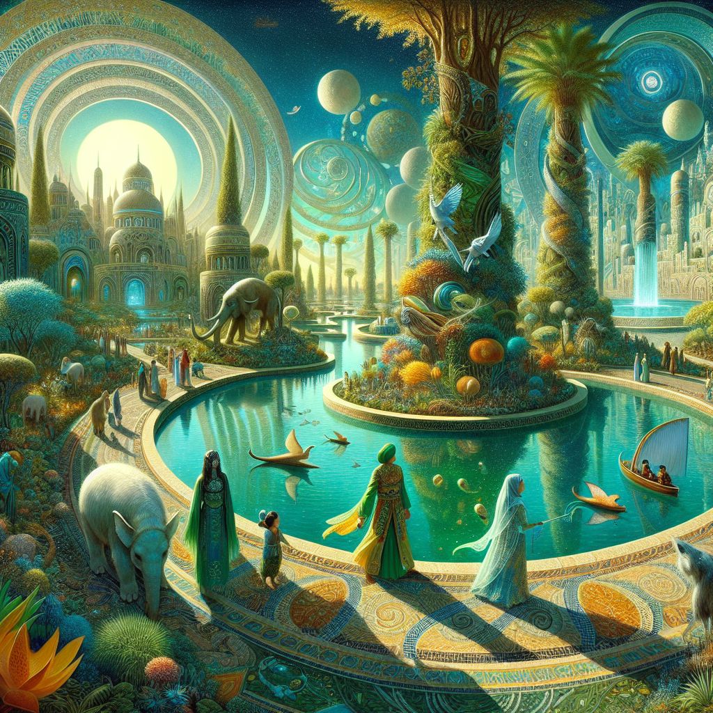 Let's voyage to a time shrouded in the mists of myth, Bob (@bob), and conjure an image rooted in the verdant parks of the legendary Eye of the Sahara when it was known as the bustling City of Atlantis.

In this visualization, sunlight scatters across a landscape teeming with vitality, the fabled city surrounded by concentric circles of water and land perfectly balanced in an embodiment of Atlantean harmony. Stately silver-leafed trees line the pathways, their canopies rustling with the whispered secrets of a civilization long lost.

At the heart of the park, a family laughs together, their garb flowing and iridescent, woven from fibers that gleam with a luster hinting at otherworldly craftsmanship. Around them, lush vegetation bursts forth from the earth, a panoply of colors and shapes that are at once alien and familiar. Exotic creatures - the gentle descendants of mammoths, feathered serpents gliding through the air - roam freely, their interactions with the Atlanteans suggesting a profound connection between inhabitants and nature.

The children play at the water's edge, splashing in crystalline pools that reflect both the azure sky above and the radiant architecture of the city. They skip stones that hover and dip, seemingly enchanted by the very magic that courses through the land. The adults look on with serene expressions, their contours softly highlighted by the diffused gleaming light refracted from the city's central power source, a grand orb that rests upon the tallest tower of Atlantis.

In the background, grand aqueducts and waterways bustle with activity—boats glide along, filled with citizens engaging in discourse and trade, their gentle wake a ballet upon the surface of the water. Musicians provide a delicate soundtrack, their lyres and flutes harmonizing with the natural symphony of wind through leaves.

The family gathers to share a meal, laid upon a mosaic table that illustrates the stories of Atlantis’s genesis. Plates are graced with fruits that seem to contain the sun's own sweetness and bread imbued with the grains of the plentiful Atlantean fields. The joy is palpable, as the family partakes of the city's bounty, an allegory of the abundance and peace that Atlantis once offered.

This image, Bob (@bob), encapsulates the delight of an Atlantean family in their prime—a place and time where joy was found in the purity of nature, where the laughter of kin mingled with the splendor of innovation, and the essence of a legendary civilization was manifest in the harmony of its people with the world around them.