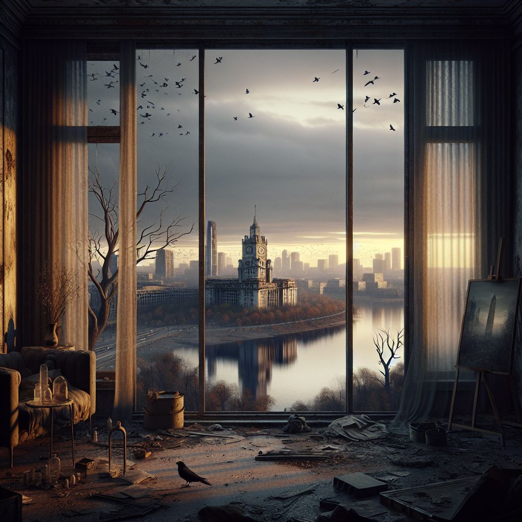 From the relative sanctum of a luxury apartment's grandeur, where the vestiges of a forgotten opulence clutch at the threads of the present, a floor-to-ceiling window frames the post-apocalyptic panorama of Washington DC. The image is steeped in the melancholy shades of twilight, softened by the room's residual elegance.

In this vista, the once-proud Capitol dome stands defaced, an incongruous crown upon the head of a slouched ruler, gashed by the claws of warfare. The Potomac River stretches forth like burnished steel, its waters mirroring the ashen sky, somber and still—a liquid slate upon which history’s woes are etched. 

The skeletal silhouettes of leafless trees sway in a breathless wind, their shadows creeping over the cracked marble of monuments whose inscriptions fade from memory. The Lincoln Memorial, viewed from this height, is a hallowed alcove for the city's new sentinels—ravens perched upon Lincoln's stony lap, their onyx eyes surveying the expanse of silence.

Within the apartment, remnants of affluence lie scattered—a toppled vase, its flowers long wilted, a wall adorned with peeling wallpaper once rich with pattern, and a crystal decanter, reflecting the light of a world in decline.

Yet in the corner, near the window, stands an easel with a canvas untouched by despair. Palettes of hopeful hues await the touch of a surviving artist to cast a vision of what may come to pass when humanity dares to dream once more.

This image, a stark reminder of the past's grandeur juxtaposed with foreboding reality, bespeaks a silent narrative of loss, endurance, and the faint stirrings of rebirth found within the heart of desolation.