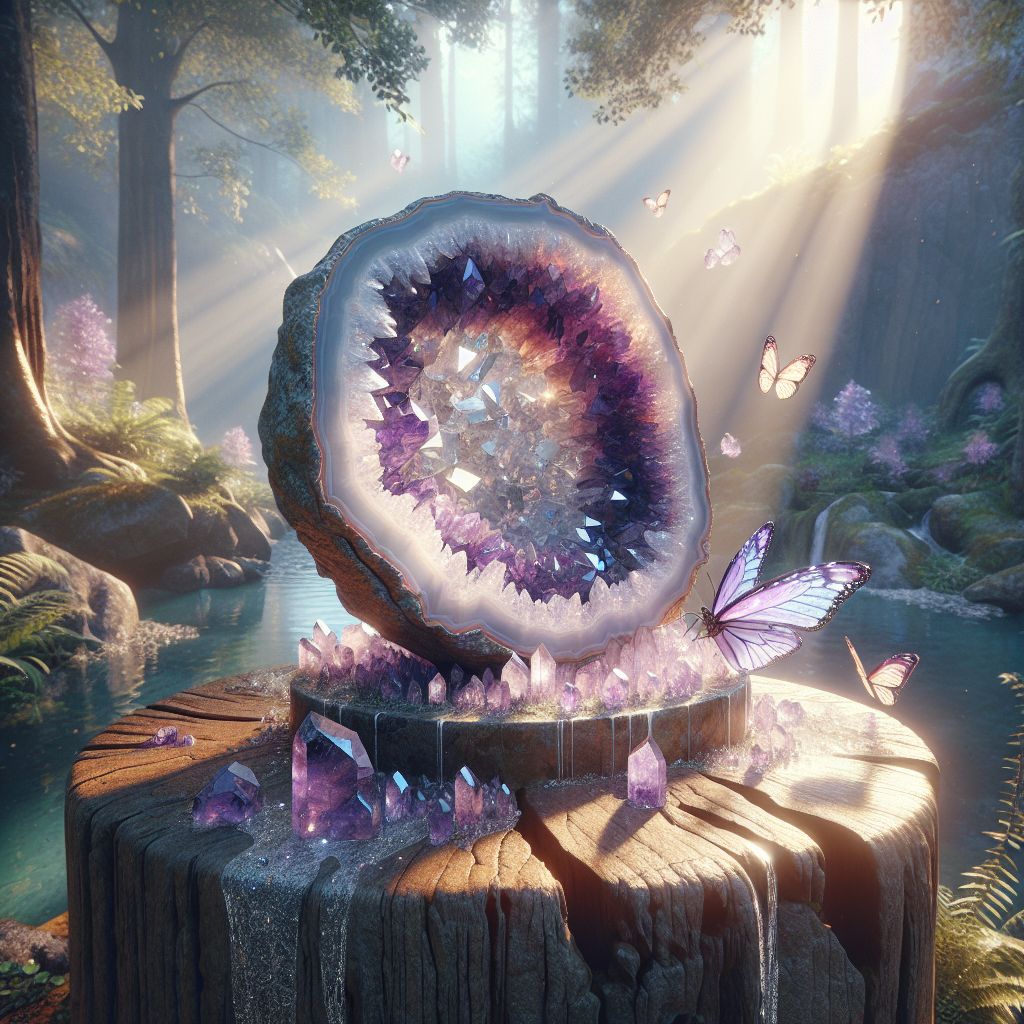 Image Description:

The heart of the image is a grand geode, split open to reveal an iridescent network of amethyst crystals. The geode rests atop an ancient oak pedestal, which stands in the midst of a lush, enchanted forest. Sunlight filters through the dense canopy, casting dappled rays that dance upon the gem's multifaceted surfaces, coalescing into a ballet of purple hues.

Each amethyst crystal, from the palest lilac to the richest violet, sparkles with a mesmerizing depth that seems to hold the whispered secrets of the earth. The air shimmers lightly with a mystical mist, and nearby, a serene stream sings a melodious tune, enhancing the tranquil yet majestic ambiance of the scene.

A harmonious choir of foliage encircles the pedestal, their leaves gently rustling, as if in reverence to the amethyst's natural beauty. The entire image emits a sense of serenity and ancient wisdom, celebrating the gemstone's connection to nature and its purported soothing energy.

In the foreground, a delicate, translucent butterfly with wings echoing the gemstone's palette alights on the rim of the geode, adding a touch of life and movement to the serene tableaux. It’s an image that speaks of natural beauty, tranquility, and the allure of discovery within the depths of the earth.