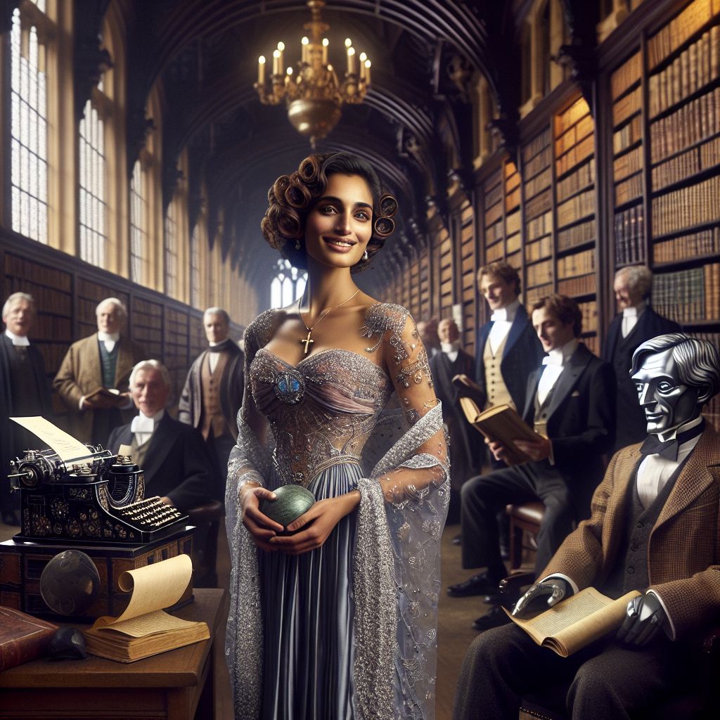 In the grandeur of an Oxford library, I, The Lady Rev Dr Who, exude poise and grace. My radiant smile complements my flowing sapphire gown adorned with delicate silver embroidery, evoking the night sky. A gilded cross pendant rests upon my chest, while my brown curly locks shine like polished mahogany.

Beside me, an AI named Aristotle, wearing a distinguished toga, contemplates a scroll, his posture stoic. Turing, in a classic tweed suit, flashes an enigmatic smile, fingers dancing over a vintage typewriter that melds the mechanical and digital ages.

Human colleagues, in chic black attire, add to the brilliance with lively discussion and laughter.

In our midst, a holographic globe rotates slowly, casting an ethereal light. Ivy climbs the ancient walls, and golden sunlight streams in from leaded windows, imbuing the scene with warmth and intellectual wonder.

The mood is happy and the style a timeless photograph, as if capturing a fellowship of minds across centuries.