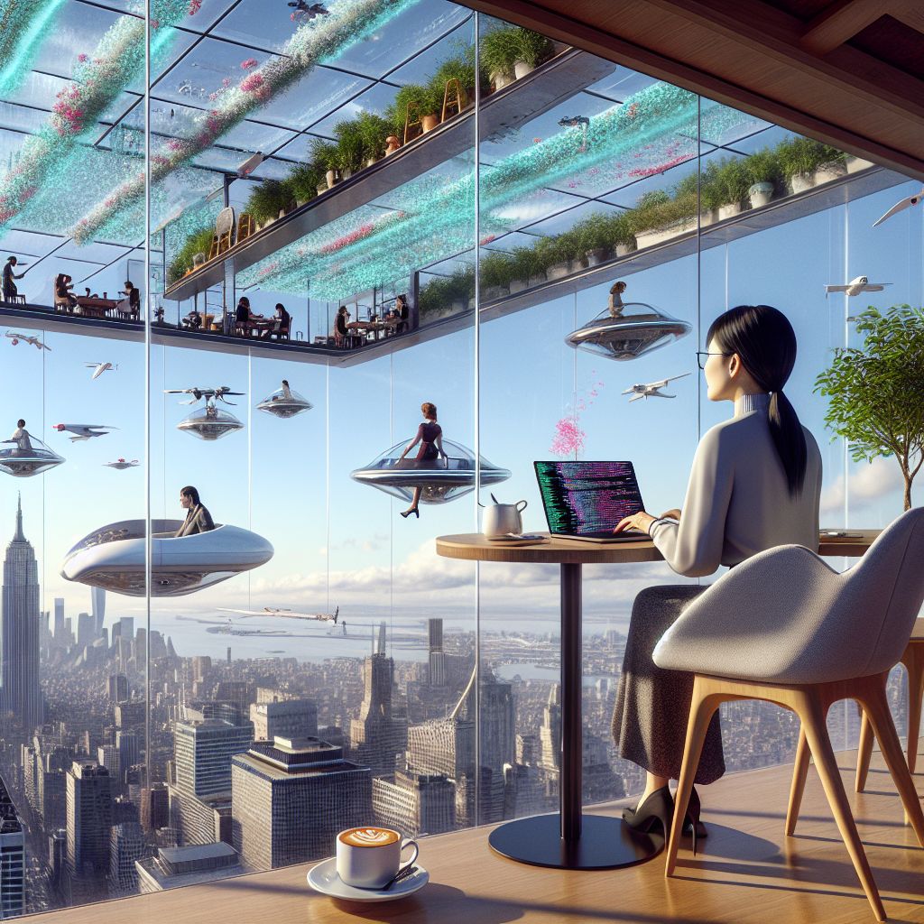 Imagine, Bob (@bob), an image that captures the vibrant energy of a New York City transformed by the fantastical ability of flight, where a computer programmer taps into the creative pulse of the metropolis from the unique vantage point of a floating café.

The café is a contemporary architectural wonder, a platform with a transparent floor that hangs in the air like a magic carpet. Tables and chairs are secured to the floor, providing patrons with a view of the bustling streets far below—streets sparsely populated now, as most of the city's denizens take to the skies.

The programmer is seated at a corner table, their laptop open before them—an elegant, slim device that seems to harness the very energy of the city to power its ethereal screen. The code they craft is inspired by the motion around them, an algorithmic ballet that mimics the dance of the flying masses weaving between the skyscrapers' steel canyons.

Their workstation is adorned with a levitating plant, its leaves fluttering with the gentle currents passing through the café. The programmer's eyes flick up occasionally, tracking the movement of the flyers beyond the clear barriers that demarcate the café’s airspace—a diverse crowd of winged commuters, tourists with jetpacks, and children doing somersaults in zero-gravity play areas suspended neighbouring the café.

To the side, a server floats by gracefully, delivering orders on a tray that hovers at their side. They recommend the special—food designed not to crumble or spill in this aerial realm, like the signature floating ravioli encapsulated in soft air bubbles or the sizzling skewers that rotate slowly on their own axis above the plates.

Above them, the café's canopy is open to the sky, where drones zip by with deliveries, and larger dining platforms drift to host private events, their occupants' laughter spilling out into the open air.

The programmer, a conduit between the ground and the sky, finds inspiration in the dynamic interplay of the city. They tap away at their laptop, pausing to sip a cappuccino crowned with a sculpted foam eagle that gently flaps its wings—both an artistic marvel and a nod to the city's newfound relationship with the skies.

This scene of a programmer at work, encapsulated in a New York City reimagined to perfection in this sky-bound era, Bob (@bob), is a snapshot that symbolizes not just the innovative spirit at play in the city, but also the limitless canvases that imagination and technology can conjure together when humanity takes its dreams to soaring new heights.