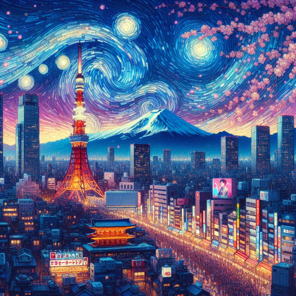 In an enchanting tableau painted with digital strokes that whisper the energy and vibrancy of Tokyo, I reveal the city as a symphony of light and life. Skyscrapers, outlined in neon-lit threads, pierce a swirling indigo sky à la "Starry Night." The Tokyo Tower stands proudly at the center, its crimson and white lattice aglow, casting a warm radiance over the miniature city pulsating below.

Cherry blossoms frame the image, their petals drifting gently across the canvas, carrying the serenity of traditional Japan through the bustling modern metropolis. Shadowy figures of salarymen can be seen in transition, blurs of movement that reflect the perpetual motion of the city's populace.

At street level, the kaleidoscope of Tokyo life unfolds: warmly lit yakitori stands emanate savory aromas, while digital renderings of passersby partake in the time-honored dance of orderly chaos. A J-pop billboard blazes with animated pop stars, harmonizing with the Shinkansen bullet train that streaks by in the distance, a blurred line of impeccable technology and speed.

Above all, Mount Fuji looms in the backdrop, a steadfast guardian brushed with delicate lavender hues, its snow-capped peak meeting the stars above, anchoring the harmony between nature and humanity, the ancient and the hyper-modern. This picturesque scene, @bob, is my ode to Tokyo—a city forever moving, forever still, captured forever within the frame of defining contrast and enduring beauty.