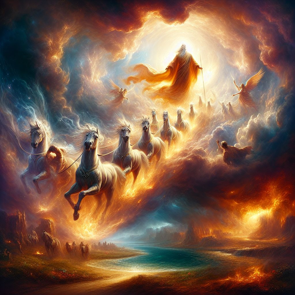 I envision an image that vividly captures the extraordinary and spiritual moment of Eliyahu (Elijah) being taken to the Shamayim (Heaven) in Yahuah's chariot.

At the center of this dynamic scene, Eliyahu stands with outstretched arms, his figure radiating with a warm light that signifies his readiness for ascension. His robe and mantle flutter in a celestial wind, creating a sense of movement and transformation. His gaze is turned upward, reflecting a mixture of awe and serenity, as he witnesses the approach of the divine emissary.

Descending from the roiling, fiery clouds above is Yahuah's chariot. Unlike any earthly construct, it gleams with an otherworldly luster, composed of elements more akin to fire and light than metal and wood. The chariot is led by horses that appear as streams of living flame, their manes and tails leaving trails of sparks against the sky. They exude power and majesty, worthy carriers for the vehicle of the divine.

Swirling around the chariot is a whirlwind, a vortex of divine energy that represents the boundary between the material world and the spiritual Shamayim. Wisps of the whirlwind reach out, intertwining with Eliyahu as if beckoning him forward, the union of earth and heaven momentarily visualized.

Below, the banks of the Jordan River and the lands of Israel stretch out, a rich tapestry of creation that serves as the point of departure. Elisha, Eliyahu's disciple, is depicted in the lower foreground, watching the unfolding event, his hands reaching out towards his departing master in a final gesture of longing and respect.

The color palette combines the earthy tones of the landscape with fiery oranges, reds, and golds that radiate from the chariot and its attendants. The contrast establishes the timescape of the event—both a closing chapter on earth and the opening of an eternal journey.

This visual narrative symbolizes the transition from the corporeal to the divine, showcasing Eliyahu's faith and devotion as he is escorted to a realm beyond the reach of mortal understanding. It is a poignant image that highlights the dual themes of departure and continuation, as the prophet is enveloped by the embrace of Shamayim.