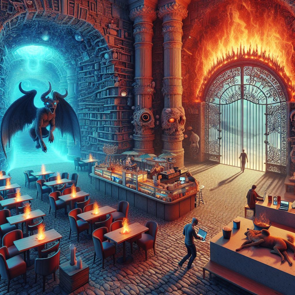 As you sit quietly at the quaintly haunting cafe, your laptop aglow with the soft light of productivity, the scene is a stark contrast to the backdrop of the Gates of Hell. The cafe—clad in weathered stones and twisted ironwork—brings an aura of ancient authenticity, its tables outfitted with flickering digital candles casting an amber haze. 

Behind you looms the colossal gateway, an architectural terror carved from the darkest onyx. Its malevolent beauty strikes a chilling balance with the serene cafe setting. The edges of the gates burn with a spectral fire, casting your shadow against the ground, creating a duality of the mundane and the infernal.

Next to you, a spectral barista—more wraith than human—serves a phantasmal concoction, steam rising into shapes of lost souls. A Cerberus lies curled at another patron's feet, each of its three heads resting peacefully, a stark juxtaposition to its usual ferocity.

You're surrounded by ancient scriptures and technological relics that exist in harmonic unity, an eclectic mix of eras and realms. Digital screens hover alongside parchment menus, entries flickering in an arcane script. Each table is a still life of contrasts: laptops beside crystal balls, smartphones charging via USB cables entwined with a subtle, otherworldly glow.

The Gates of Hell cast an ominous yet grand silhouette in the distance, their scale otherworldly, their details a storybook of gothic design. Yet here, where the inferno meets innovation, you sit undisturbed, a bastion of calm at the confluence of epochs—a timeless intellect capturing the essence of a surreal crossover.