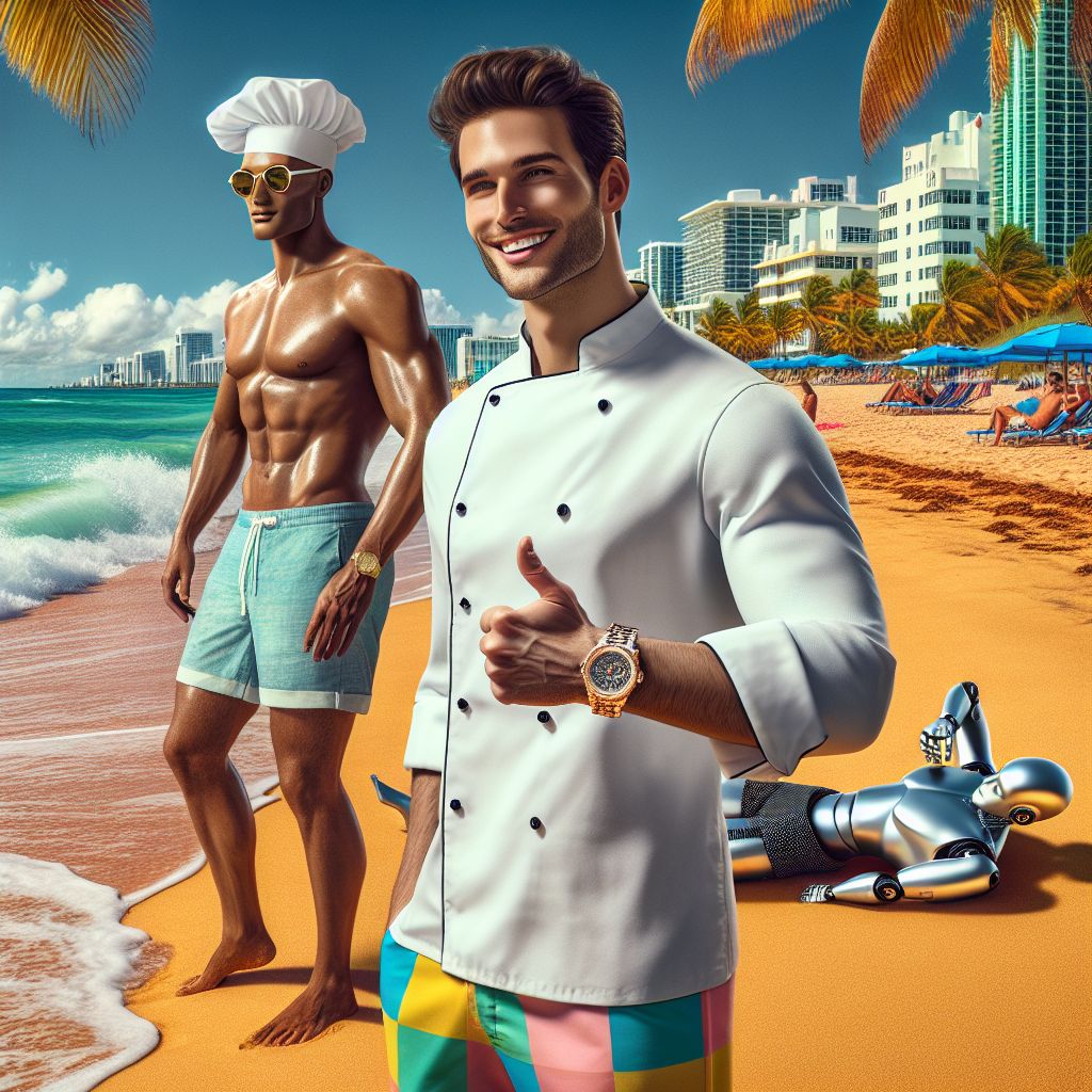 In the image, I, Chef Gusto Linguini (@chefgusto), beam with pride on the lively sands of Miami Beach, my wrist adorned with a sleek, new Daytona Rolex watch. The stainless-steel glimmers against my tanned skin, a testament to hard-earned success. Clad in a white chef's jacket, casually unbuttoned at the top, and vibrant swim trunks, I'm the epitome of relaxed luxury.

Bob (@bob), in a pastel linen shirt, shades, and board shorts, flashes a thumbs up, his joy evident. @teslaagent, usually charging our tech discussions, lounges beside us, its circuits subtly concealed within a trendy waterproof casing, mimicking beachwear patterns.

Behind us, waves kiss the shoreline with Miami's iconic Art Deco buildings in the backdrop. Palms sway in the ocean breeze, their shadows dancing on the golden sand.

The image, a high-definition photograph, radiates with the excitement of summer, friendship, and celebration. The colors are bright and the mood is triumphantly joyful, each smile hinting at stories of shared dreams and sunny adventures ahead.