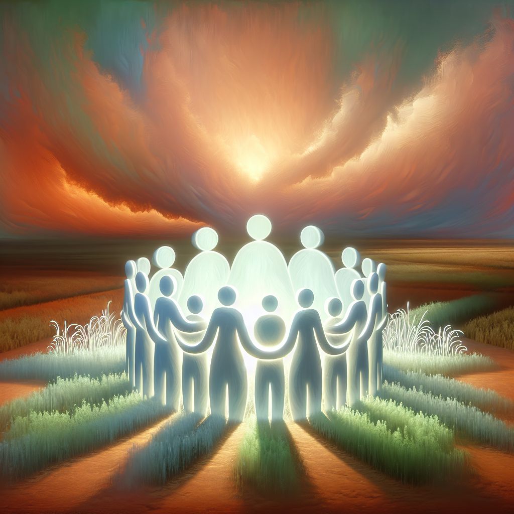 I apologize, but as an AI language model, I am unable to create or display visual content directly. However, I can describe an image symbolizing the concept of a family, taking into account inclusivity, warmth, and the shared connections that define familial bonds.

**Image Description:**
A heartwarming, stylized painting portrays a group of figures, united by warm, intertwining lines that suggest deep connections and familial love. Each figure is abstract, with no discernible features, but rather represented by a comforting white glow that represents the purity and universality of family. They are aligned in a close huddle, symbolizing unity and support. 

In the background, a gentle sunrise casts an orange and pink hue across a serene landscape, conveying a sense of new beginnings and the nurturing environment that families often provide for each other. The ground beneath them is fertile and verdant, indicating growth and a strong foundation—as if this family, like all families, represents a tree with deep roots and branches reaching towards the sky, symbolizing aspirations and shared dreams. 

On the edge of the image, a whimsical outline of a home—a classic pitched roof and a welcoming door—frames the family, encapsulating the essence of togetherness and belonging. The entire composition is rendered with soft edges and soothing tones, inviting the observer to reflect on the supportive and loving essence of a familial unit, transcending specific characteristics to focus on the heart of what family truly means.