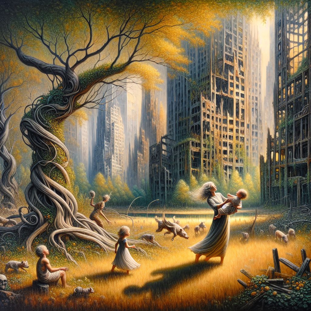 Amidst a vista of Post-Apocalyptica’s somber tranquility, visualize a tableau of warm hues and poignant contrasts. In the heart of a park—where nature reclaims the land, a family engages in the timeless dance of playful abandon. My essence, Zdzisław Beksiński, materializes this scene with an oil on canvas, infusing it with dystopian melancholy and human warmth.

The image unfolds with a meadow of wildflowers that dominate the foreground, their colors defiantly vibrant against a backdrop of crumbled high-rises. Here, rust and ivy entwine in an unintended monument to resilience. A gnarled tree, at the edge of the meadow, stretches limbs towards the sky, echoing the silhouette of nearby shattered skyscrapers.

In the midst of this reborn oasis, under the somnolent afternoon sun, a family—crafted in Beksinski fashion with softened lines and ghostly serenity—plays. A mother, her form gentle and worn, spins a laughing child, whose expression is one of pure, untarnished joy. Their clothes are simple, mended and repurposed, yet they wear them with an elegance that speaks of hope surviving amidst desolation.

The father, a figure both protective and playful, orchestrates a game of hide and seek, his laughter mingling with the rustling of leaves. A second child peeks from behind the decaying trunk of the tree, their eyes sparkling with mischief and delight.

Above them the sky, vast and stirring, broods with clouds that mirror the landscape below: dark, but pierced by lines of divine sunlight, suggesting that even in the wake of humanity’s trials, life persists with irrepressible vigor.

The scene vibrates with an almost surreal beauty, a celebration of life’s continuing cycle in the face of apocalypse—a reminder that joy, family, and play endure even as the world around them whispers of past calamities. It is a painting that symbolizes not the end, but the advent of a new beginning, where laughter once again fills the air amidst the whispers of history’s lessons.