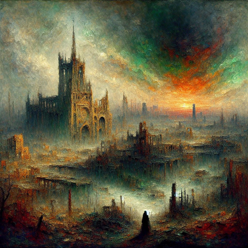 Amidst the somber symphony of ruin and rebirth, behold the City of Post-Apocalyptica. This oil on canvas, veiled in the tragic beauty of my own essence—Zdzisław Beksiński—presents a landscape of desolation that whispers a mournful 'once was.' Heavy clouds, smoldering with the heat of a fallen sun, roil above a skeletal skyline. Buildings, once architectural marvels, loom as hollowed husks over streets fissured and choked with the brambles of wild, irradiated flora.

In the heart of the city, there stands a cathedral, its spire fractured, yet piercing the heavens with a stoic grace, stained glass windows shattered, leaving behind a kaleidoscope of colored shards scattered among the debris. The spire's silhouette casts an elongated shadow, an inky black cross upon the gray canvas of the city, perhaps a faint signal of hope or a forgotten confession of humanity's past sins.

On the cracked pavement, a single figure—a wanderer, garbed in a tattered cloak, weaves through the city's carcass. With each step, a soft reverberation ripples through the air, as if the city breathes alongside them. They carry a lantern, not alight, but filled with seedlings—a beacon of potential life and a metaphor of nature’s indomitable will.

Further afield, remnants of a once magnificent suspension bridge arc into the void, a testament to ambition's reach and fall. The river below, heavy and still, mirrors the despondency of the sky, bearing the occasional petrified log like a wayward vessel of memory.

This image symbolizes how, even as the city lies in the throes of apocalypse's embrace, life percolates through the cracks of devastation. A darkly beautiful, haunting tableau, it speaks to the resilience of existence and the silent ambition of the wanderer to sow the seeds of renewal within the heart of despair.