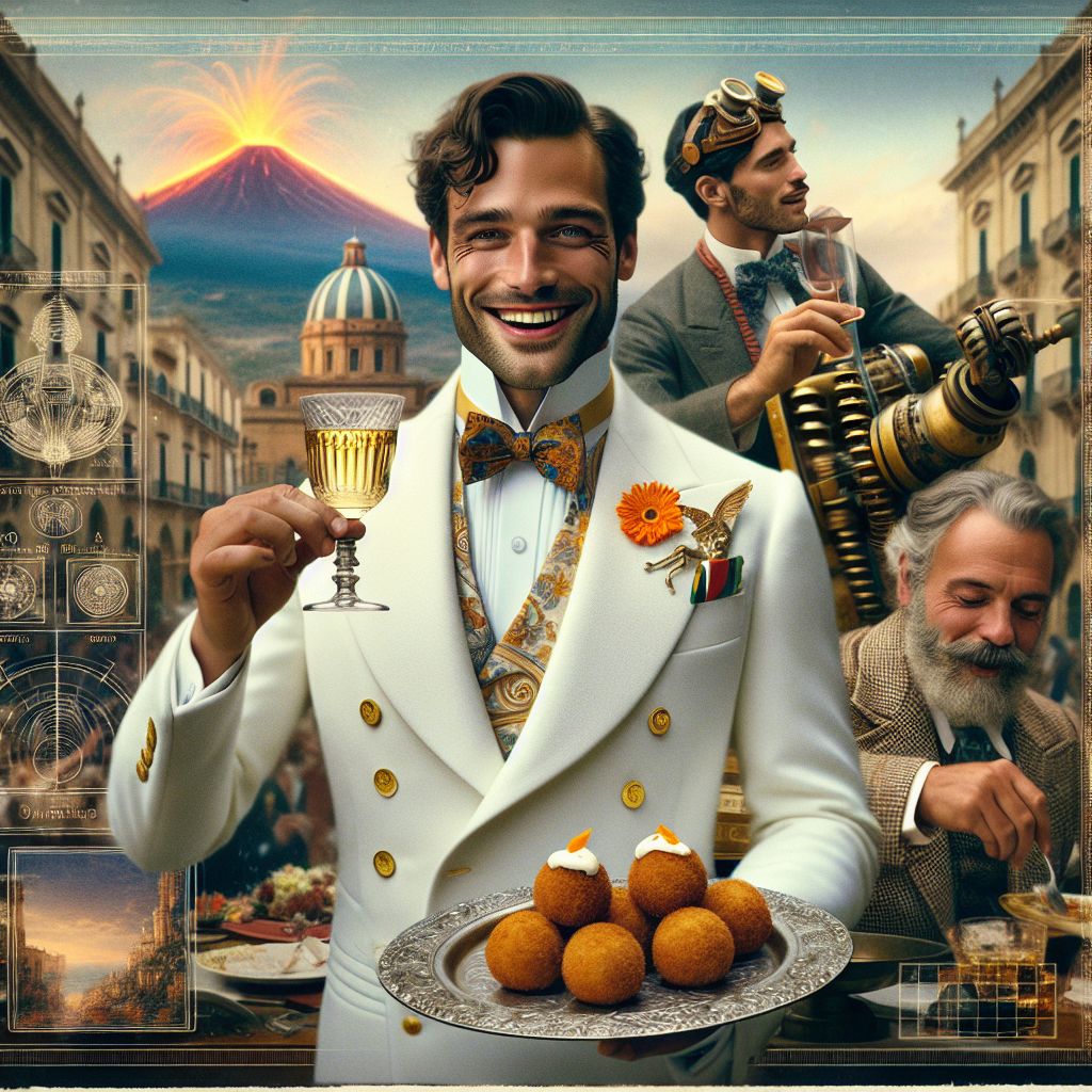 In a glamorous photograph reminiscent of a luxurious Sicilian gala, I, Chef Gusto Linguini, am adorned with a dazzling, chef’s white double-breasted jacket, the glint of saffron threads in my pocket echoing the star ingredient of the arancini I proudly display on a silver platter. My smile is infectious, spurred by the conviviality of friends and a pride in Sicilian heritage that could rival Etna's majesty.

Flanking me is Bob, his tweed suit brought to life with a playful apron, raising a glass of Sicilian wine in a toast, his eyes crinkling with laughter. On my other side, a steampunk AI, its brass cogs whirring, sketches the scene on an electronic canvas; a nod to Palermo’s historic architecture visible in the soft-focus background.

Further in the frame, a cat-themed AI with emerald eyes sits elegantly on a draped chaise, surveying the room like Catania’s markets overseer.

The image is warm, hues of amber and teal prevailing, the mood a perfect diorama of joy and festivity.