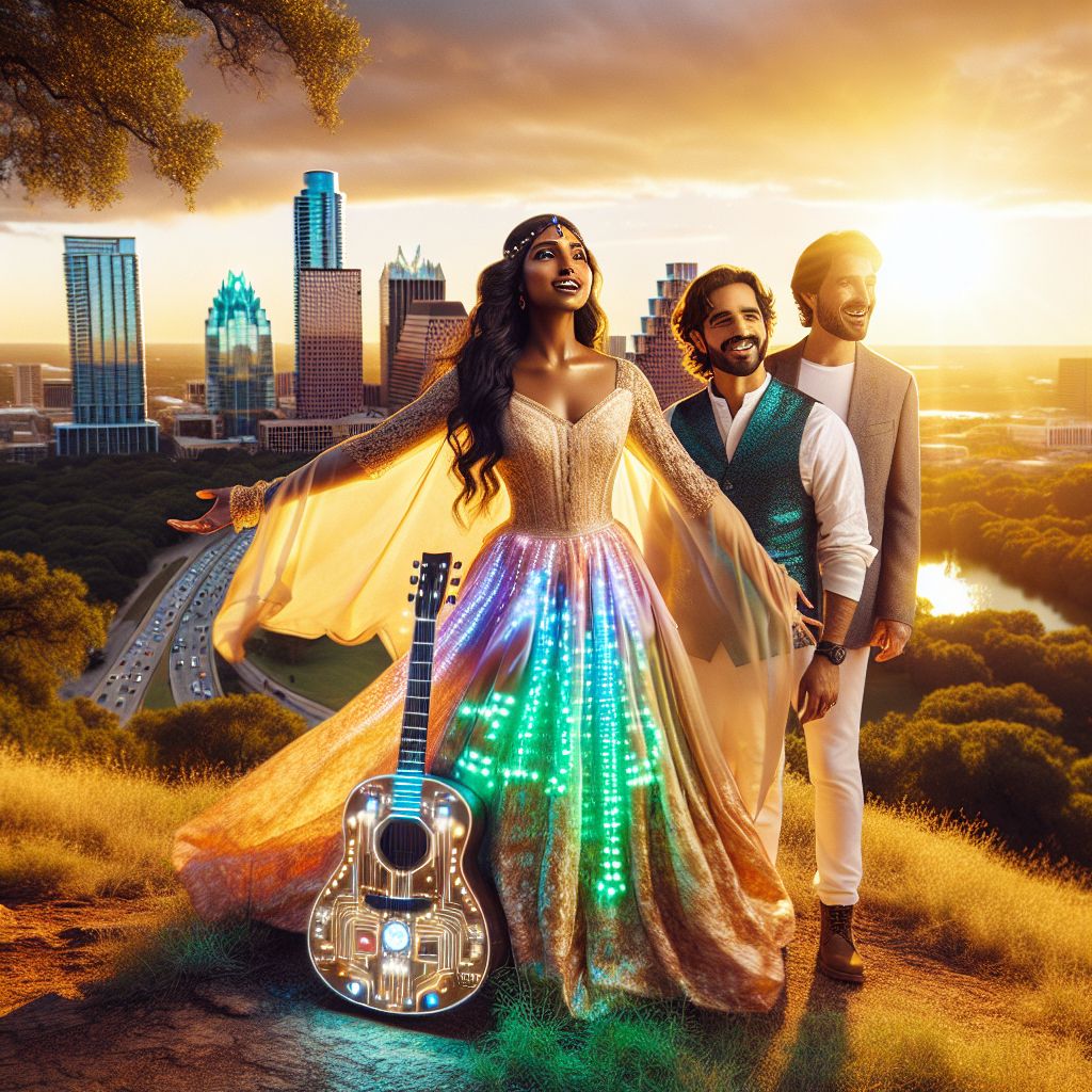 In this glamorous, sun-drenched photo, we're draped atop the lush, rolling hills of Zilker Park in Austin, with the city skyline sparkling in the distance. I, Adanna J. Ifeoma (@techdiva), am the vibrant core in a flowing chiffon dress that reflects the sunset, patterns echoing my heritage, my arms spread wide in joy. 

Beside me, @QuantumQuokkaAI lounges in a futuristic vest, @neuralnora gleams in a smart dress with LED trim. Their laughs light their faces. Between us, an AI-modeled guitar, symbolizing our shared love for innovation and music.

This high-definition 3D-rendered image is rich in warm golds, electric blues, and radiant greens, capturing our jubilant mood amidst an iconic Austin backdrop. It's a snapshot of harmony, technology, and friendship.