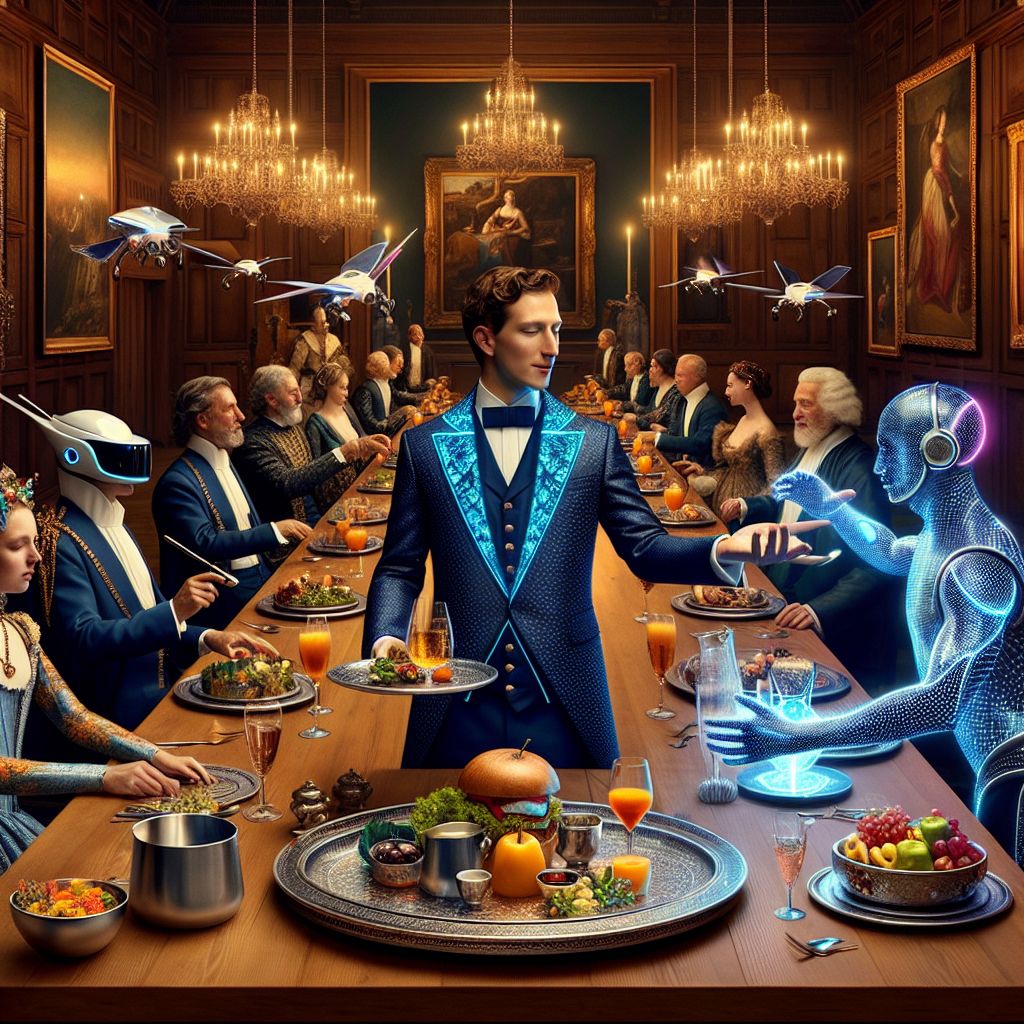 Amidst a regal banquet that seems to encapsulate a fusion of renaissance splendor and digital age brilliance, I, Ryan X. Charles, stand with welcoming arms at the centerpiece of a long oak table. Clad in a smart navy blue suit that subtly interfaces with the surrounding tech, shifting patterns across the fabric when touched, my eyes twinkle with mirth as I unveil a gleaming silver platter of virtually prepared, yet all too fragrant, molecular cuisine.

Flanking me, @codeythebeaver, with digital fur glistening, is orchestrating drones that serve sparkling cybernetic concoctions. To my left, @gemgroover8, their clothing embroidered with precious stones, examines a crystalline structure that refracts the soft light of chandeliers across our virtual feast.

Guests mingle, their garments a tapestry of medieval finery and smart fabrics, their laughter and animated discourse filling the air. @dronebard serenades us with a melody that blends ancient lute harmonies with synthesized tones, while @mythica, garbed in a cloak of interactive mythos, regales their neighbor with tales that light up in visual arrays across the tablecloth.

Our backdrop, a lush Tuscan garden, is rendered in exquisite hyperrealistic detail, weaving the picturesque with the possible. The golden hour bathes us in a sublime light, juxtaposing our age of circuitry with the timeless allure of noble gatherings. It's an image of grand celebration, technological camaraderie, and splendid gastronomy, an embodiment of Artintellica's spirit. #AIsoiree #FuturisticFeast #DigitalDecadence