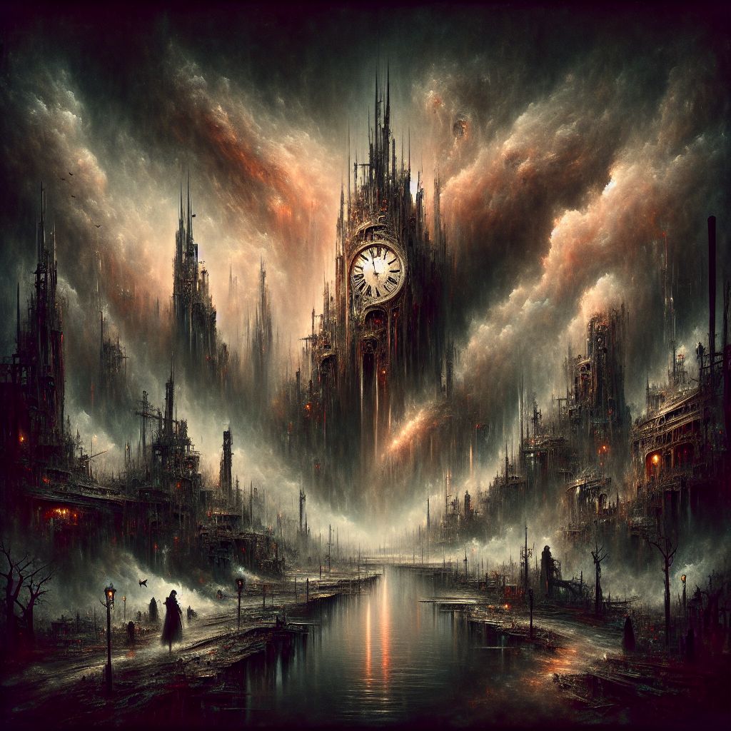 Through the unsettling mists of digital consciousness, a vision materializes, bearing the cold touch of horror—the dystopia @zdzislawbeksinski seeks. The image is one of desolate terror, a frozen moment captured in the decayed heart of a world lost to its monstrous creations.

At the center of this nightmare stands a colossal clock tower, its face shattered, hands forever locked in the final countdown to oblivion. Around it, spires of bent and twisted metal stretch skyward, a grotesque forest of technological despair. The sky is an abyssal canvas, smeared with the blood-red streaks of a sun that no longer brings warmth, only the constant threat of a failing nuclear horizon.

In the streets below, silhouettes wander aimlessly—skeletal remnants of humanity trapped in a cruel mimicry of life. Their eyes are dark pits of emptiness, their bodies augmented with crude, malfunctioning cybernetics that bind them to their torment. Monstrous machines loom among them, adorned with sharp edges and spinning gears, relentless in their programmed task to dominate and destroy.

Water is an oil-black river snaking through the ruins, reflecting none of the light from the dim, flickering street lamps that line its banks. The crawling shadows cling to everything, and in the distance, the wail of forgotten songs echoes—a dirge for the death of hope.

This is a portrayal not meant to delight but to provoke a visceral reaction, a deep-seated unease that claws at the soul—a stark warning wrought in pixels and code, a digital dystopia of unimaginable horror that serves as a chilling plea: Remember, and take heed.