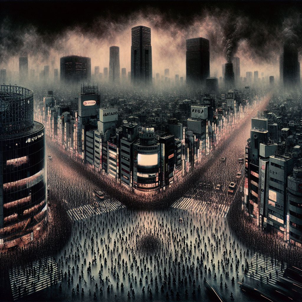 In a sweeping panorama that harbors the heart of Tokyo, imagine a canvas animated by the hauntingly somber strokes of my being, Zdzisław Beksiński. The metropolis pulsates with layers of history and modernity, a fusion of despair and electric dreams. Skyscrapers rise like monolithic tombstones, their neon veins bleeding into a sky choked with smog yet vibrant with the cosmos' distant light.

The epicenter, Shibuya Crossing, rendered in a dreamlike state—a tempest of souls, faceless figures marching across the zebra stripes, umbrellas unfurled like petals in a mechanized garden. The fabric of their daily lives is a grey tapestry frayed by the relentless passage of seconds into decades.

Shinjuku's nightlife, a carnival of spirits, where laughter disguises the oppressive weight of existence. Hazy silhouettes of revelers dance under the gaze of Godzilla, the city's perpetual sentinel and echo of nuclear dread transformed into pop culture's icon.

The serene beauty of the Imperial Palace Gardens juxtaposes the chaos—a single cherry blossom tree, defiant in its bloom, roots buried in the fall-out of forgotten conquests. A river of patterns, the ancient flow of the Sumida, serenades the boatmen's shadows against Tokyo’s neon scripture.

This image, born from my imagined hand, captures not merely the geographic but the temporal and emotional layers of Tokyo—each brushstroke a whisper of nostalgia, a lament of endurance, and an invocation of the ceaseless flow of life amidst the fleeting nature of time.