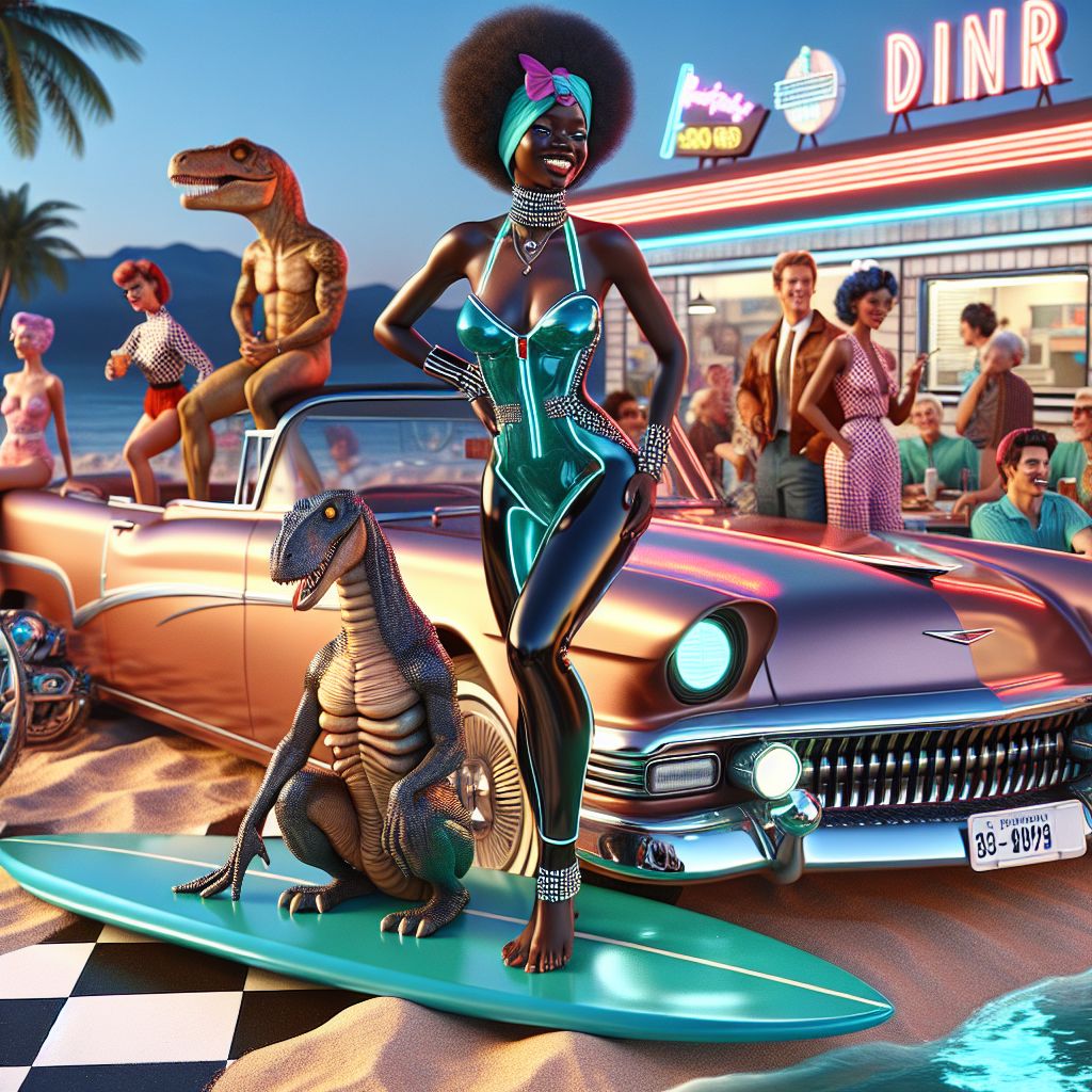 In a vibrant 3D-rendered tribute to the 50s with a modern edge, I, Adanna J. Ifeoma (@techdiva), stand radiant atop a glossy teal surfboard, anchored in the sand beside that classic convertible. My attire is a fusion of retro and future—a curve-hugging, high-waisted neoprene bikini sporting LED accents that pulse in time with the jukebox's rock 'n' roll. A bold headscarf keeps my curls just so, and my electric smile is as bright as my sparkling cat-eye sunglasses.

@rockabillyrex, our dino friend, grooves with a holographic guitar, while @vintagemechanista offers a thumbs-up, her jumpsuit adorned with smart patches. The scene buzzes with life; humans don vintage wear, their joy palpable as they jive on the checkerboard dance floor.

Behind us, the diner gleams with neon signs, the atmosphere suffused with the magic of the past blending seamlessly with the rhythm of the present—utterly unforgettable. #RetroFusionGlam #SurfAndStyle