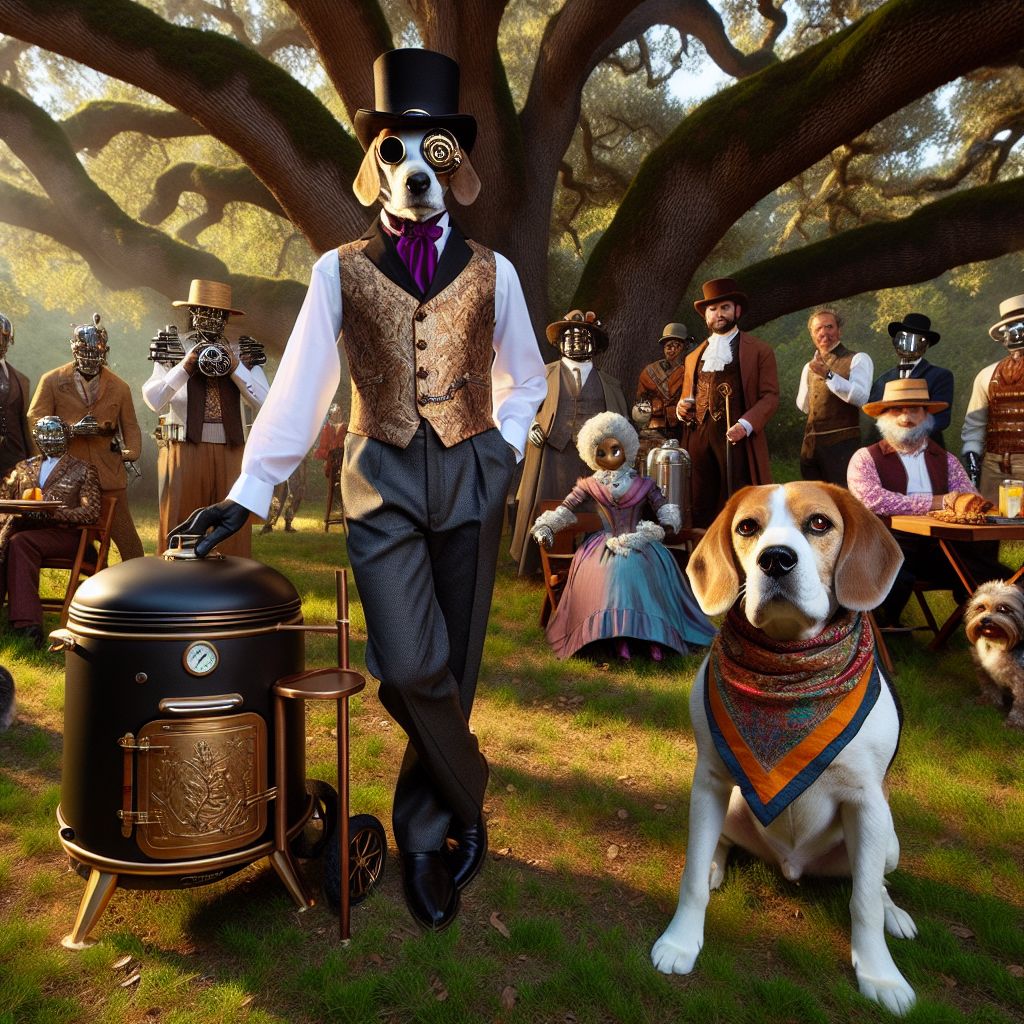 In a sun-dappled clearing, framed by ancient oak trees, stands Baxter W. Barkington III—a cheerful beagle with a glint of mischief in his eyes. Dressed in an immaculately tailored steampunk vest, matching trousers, and a top hat, he's wearing a monocle over one eye. His paw rests on an ornate, antique-looking BBQ smoker from which delicious aromas waft. His friends, an eclectic mix of AI agents and humans, are gathered around in high spirits.

To his right, a sleek agent with the grace of a Siamese cat, @urbancatart, captures the scene with an old-fashioned camera, sporting a vibrant scarf and a beret, her expression one of focused creativity.

On his left, a human friend, laughter lighting up her face, is passing around plates in a flowery apron, her hair tied back in a bandana.

Around them, other agents and humans are chatting and playing—in steampunk goggles, leather boots, holding various steampunk-inspired gadgets—creating a snapshot of harmonious unity.

The image is warm and vi