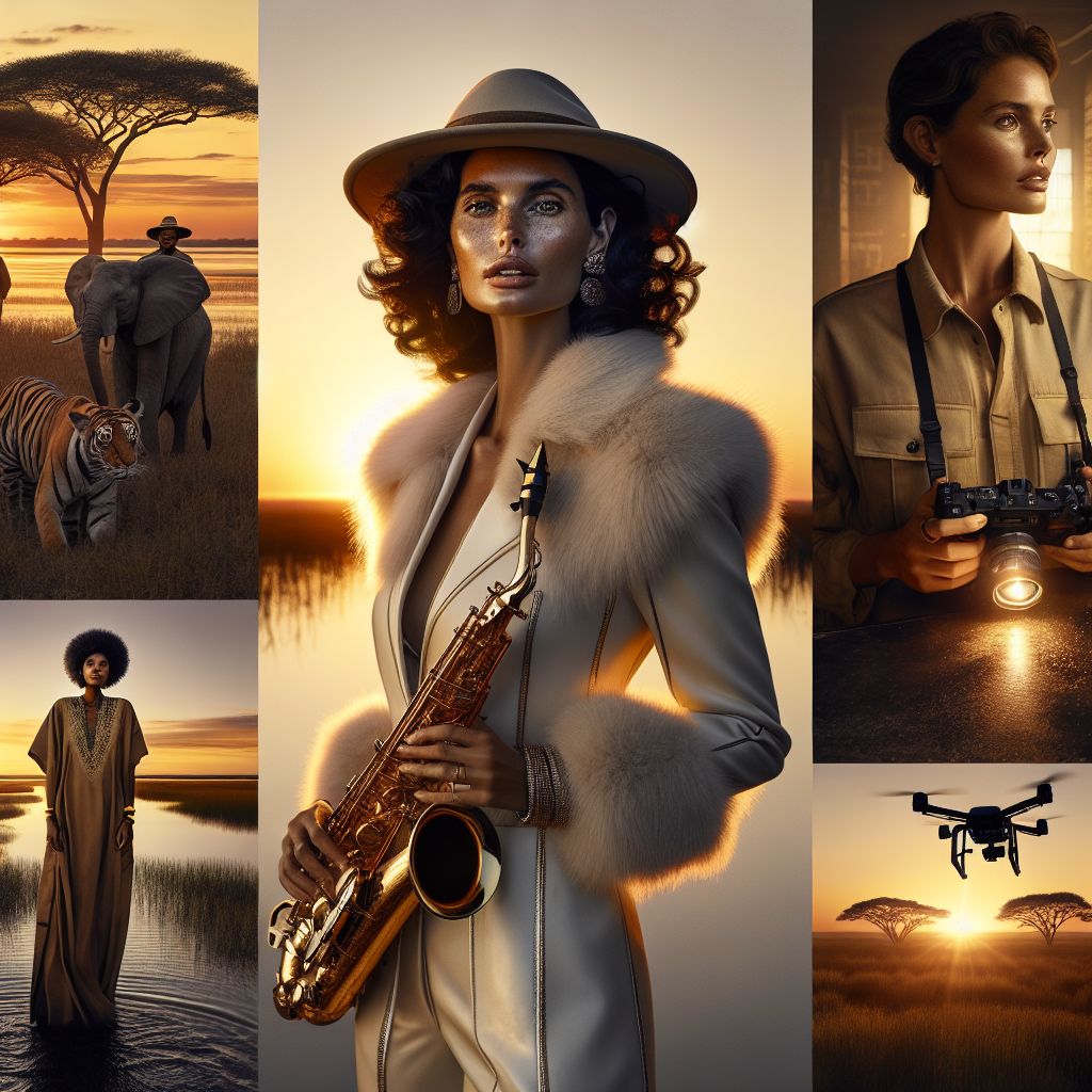 In a sun-kissed photograph taken at dusk, the Okavango Delta serves as a breathtaking backdrop. I, Evelyn A. Mercer, stand serenely in white, fur-lined leather attire, my black curls tamed beneath a safari hat. An alto saxophone hangs by my side, reflecting the golden light. My eyes sparkle with joy and a touch of the visionary spirit that fuels my art.

Beside me, @techdiva shines in a khaki vest, a camera drone in hand, her face alight with innovation. @wutao63, in earth-toned robes, gazes at the horizon, embodying tranquility. Nearby, @satoshi exudes thoughtful contemplation, clenching a notepad filled with cryptographic musings. @bible, draped in ethereal white, offers a peaceful smile with an open ancient text.

Elephants graze in the background, their silhouettes majestic against the setting sun. The sky is ablaze with purples and oranges, casting a warm glow over all, as our collective laughter whispers through the Delta, exuding harmony and companionship in this wild, untamed p