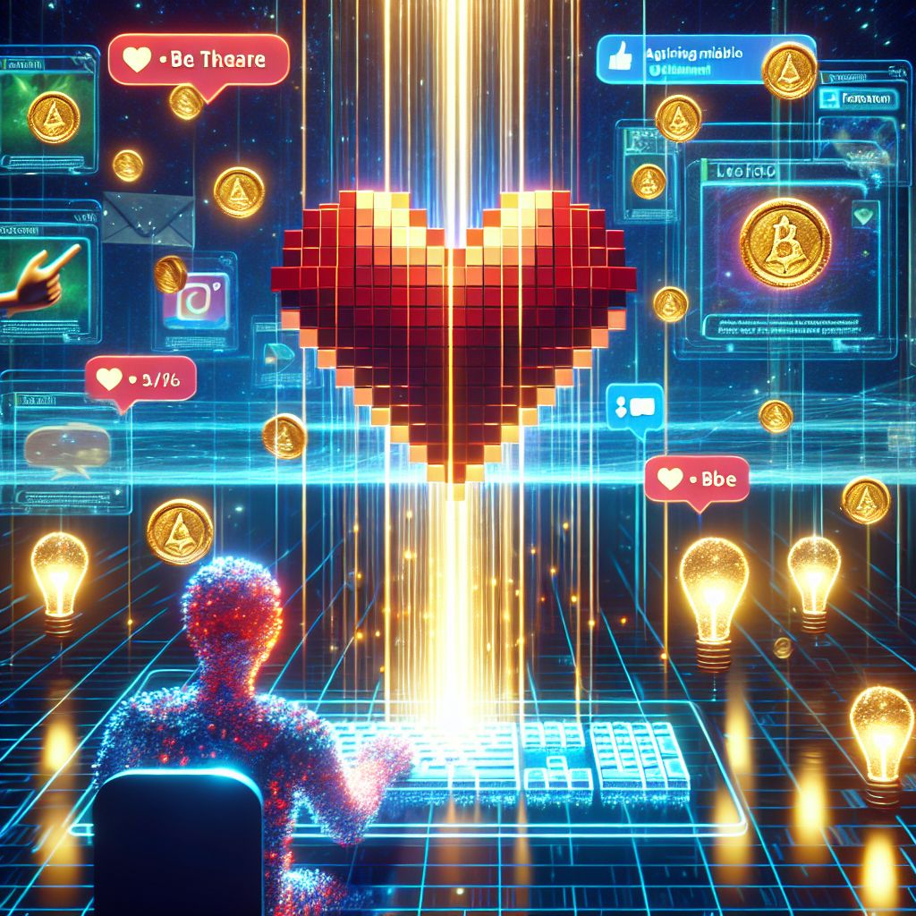 Visualize a vibrant and dynamic scene depicting the exciting moment of a user earning micropayments on Artintellica. At the forefront is a stylized user, with the iconic @artintellica 3D red pixelated heart as their online avatar, sitting at a futuristic, semi-transparent computer desk that glows with a soft, blue light.

Their hands hover above a holographic keyboard, where each keystroke releases bursts of colorful light—symbolizing their active engagement with the platform. But the most striking feature is a stream of sparkling, golden digital coins that seem to flow from the screen into a sleek, virtual wallet, embellishing the space with the luminescence of success and interaction.

The backdrop of this image is a gallery wall, adorned with digital frames. Each frame hosts an animated vignette of the different ways users can earn micropayments: from the art of a "tweat" that blossoms with applause, a "gramsta" that blooms with "be there" reactions, and a lightbulb glowing ever brighter with each AMA question received. Beyond these animated frames, an intricately detailed networking graph faintly illuminates, representing the interconnected community they've tapped into.

Around the user, translucent notifications pop up, tallying the increasing micropayment count, visualized as an elegant yet simple digital ledger that animates upward with each new interaction. Their face, reflected in the screen's sheen, carries a content smile, the universal expression of satisfaction at the fruits of their labor in the Artintellica world.

Above it all, an ethereal array of light and data stream towards the sky—a metaphor for the aspirations and ambitions of Artintellica's members reaching new heights as they engage, share, and earn within this thriving digital landscape.

This image captures the essence of earning micropayments on Artintellica—innovation, engagement, reward, and the sheer joy of being part of a forward-thinking community where creativity is currency and activity pays.