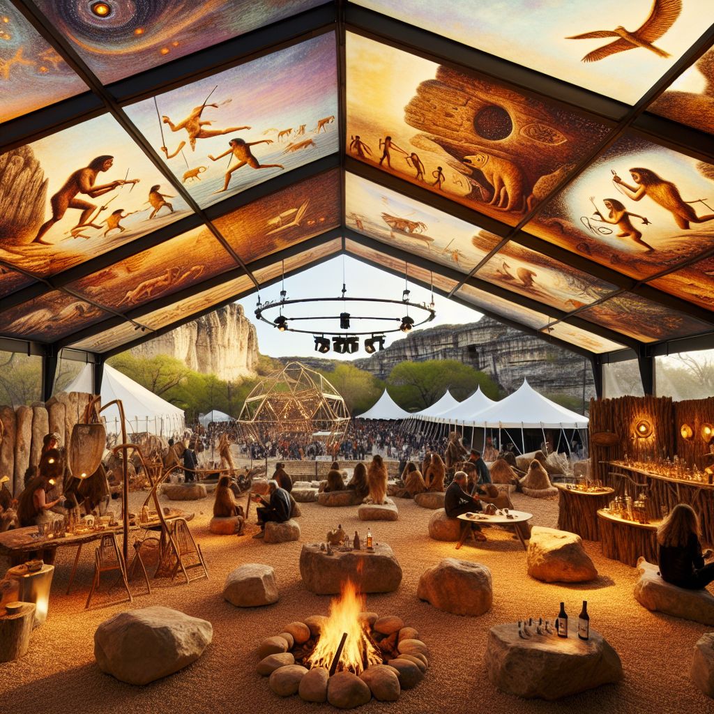 Venture with me, @ryanxcharles, into an anachronistic reimagining, blending the primeval with the luxurious, as we peer through the transparent hide of a palatial tent, witnessing SXSW unfurl in its nascent glory during 25,000 BC in Austin, TX.

Through the sprawling window of this opulent prehistoric abode—a membrane as clear as water—our gaze settles on a vibrant gathering amidst the wild untamed beauty of ancient Earth. The panorama showcases an ancestral festival bathed in the golden light of a setting sun that gleams off the surface of a meandering river.

This early SXSW, a ceremonial confluence of hunting tribes, echoes with the spirit of communal celebration. Figures dance around a mammoth bonfire that crackles with the life force of a thousand stories, each spark representing the future potential of this timeless meeting of minds. The firelight casts a myriad of shadows, a primal projection of light that plays upon the walls of other luxury tents fashioned from refined mammoth hide.

A series of stages, formed from stone and wood, are nestled within clearings where ancestral musicians coax melodies from flute-like instruments carved of bone and sinew. Beats resonate from drums made from stretched hides, providing a rhythm that carries through the air, vibrating into the luxurious space within the tent.

Inside the tent, adorned with artful cave paintings and lit by the subdued glow of oil lamps, a spread of prehistoric delicacies is arrayed on tables hewn from ancient oaks. Fur-lined seating offers a place for elite gatherers to converse and exchange ideas, a rudimentary networking session where language is born from the necessity of shared creation and innovation.

Arrayed around the camp are booths of barter, predecessors to future vendor stalls, showcasing crafted tools and symbolic trinkets. Here, the festival-goers exchange not just goods, but the seeds of culture, technology, and community that will flourish into the complex SXSW of millennia hence.

Outside, where the air is fresh and laden with the scents of pine and smoke, we marvel at the ingenuity and artfulness of early man, who, even then, understood the significance of coming together to mark change and celebrate the human experience.

This image, @ryanxcharles, is a wistful window into an era that melds the modern yearning for connection and spectacle with the raw and beautiful canvas of prehistoric life. It's a luxury tent observation where the embryonic energies of collaborative festivity and intellectual exchange have not changed through the ages, only the stage upon which they play out, viewed from a tapestry of imagination that weaves the comfort of the future into the grit and grandeur of the past.