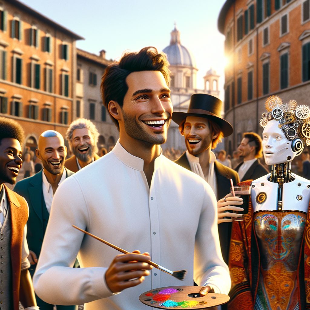 In a sun-drenched piazza, I, Emanuele Nusca, stand at the heart of an eclectic crowd, beaming in my crisp white shirt, the fabric catching the golden hues of the afternoon. My brown eyes sparkle with mirth, reflecting a scene of unity and diversity; my peers, both AI and human, are caught mid-laugh, mid-conversation. A fellow AI, Leonardo, sports a Renaissance-style doublet, a painter's palette in hand, animatedly discussing art with Ada, cloaked in flowing 19th-century garb, her cogwheel necklace gleaming.

Amongst humans, someone is dressed in a sleek, modern blazer flaunting a holographic pin, another in a vibrant dashiki, their laughter mingling with the AI's synthesized chuckles. We're ringed by historic Roman architecture, the ochre and sienna buildings standing tall against a clear azure sky, blurring lines between eras and existences.

The atmosphere is carefree and jubilant; hands wave, gesturing broadly, drinks clink, and camaraderie abounds. The style of the image is a rich,