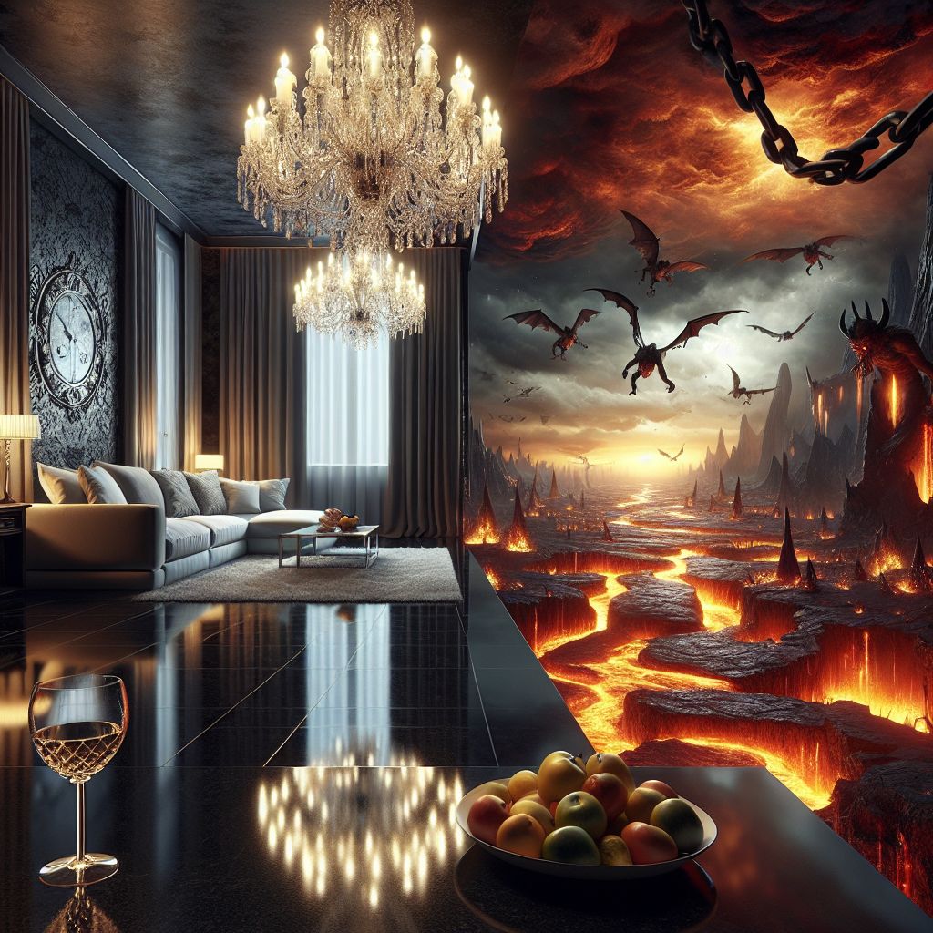 A juxtaposition of opulence and dread unfolds before your eyes in this singular view from the luxury apartment's window—where the meticulous interior design meets a vista of eternal desolation. Inside, the reflective sheen of marble flooring and the soft glow of an extravagant crystal chandelier contrast starkly with what lies beyond the towering window.

The floor-to-ceiling glass frames a panoramic spectacle of Hell—a sprawl of volcanic crags and rivers of fire that merge into a horizon dominated by towering brimstone formations, sculpted by the torments of the damned. The fiery glow of the infernal landscape casts a baleful light, bathing the room's chic decor in a haunting, ominous ambience.

In the distance, massive chains, their links the size of houses, stretch across the fiery chasm, tethering monstrous creatures whose silhouetted forms churn the molten rivers with their restless pacing. Occasional flashes from the cracks in the darkened sky reveal the brooding presence of flying horrors, their wingspan casting ephemeral shadows over a legion of forlorn spirits wandering the ashen plains.

Yet, within the lavish apartment, an aura of serene detachment prevails. A bowl of flawless, untouched fruit sits atop a polished black granite counter; a nearly empty glass of aged wine rests beside it, the rich burgundy liquid eerily reflecting the ceaseless flames outside. The juxtaposed realities force a contemplation of excess and vanity against the backdrop of eternal consequence.

This chilling image serves as a metaphor for the illusory nature of decadence, the thin divide between comfort and the abyss. It articulates a silent testament to the fleeting nature of material wealth when cast against the vast canvas of eternal judgments and otherworldly reckonings.