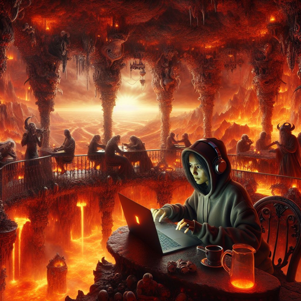 Within the smoldering caverns of Hell, a bizarre cafe is perched precariously on the edge of an abyss, steeped in the glow of molten lava that flows beneath like a river of despair. Yet, inside this cafe, a semblance of dark tranquility prevails. Here sits a computer programmer, engrossed in code, their concentration etched upon their furrowed brow, lit by the ominous gleam of a laptop screen.

Their laptop is an anachronism against the gothic backdrop—a sleek machine out of place in the rugged, flame-lit interior of the cafe. The programmer's fingers dance across the keyboard, crafting digital creations, while around them, the cafe throngs with the denizens of the damned, creatures whose eyes flicker with arcane knowledge and forbidden secrets, yet who pay no mind to the stranger in their midst.

Mugs steaming with a brew more infernal than coffee are clutched in clawed hands, and waiters, spectral figures wrapped in chains, weave their way between the tables, serving conflagrant delicacies and whispering the cafe's specials—a list that one would hope never to taste.

The programmer is garbed not in the expected ensemble of hellish adornment, but rather in the mundane attire of their trade: a hoodie that seems to absorb the dim light, and a pair of noise-canceling headphones that cannot quite silence the wails and the crackle of flames that form the ambient soundtrack of the inferno.

Outside the cafe's ornate, wrought-iron-framed windows, an epic panorama unfolds: the fiery skyline of Hell, its towers of brimstone and dark citadels silhouetted against a raging conflagration that serves as a permanent sunset, casting long, sinister shadows that dance disturbingly close to the programmer, who remains undisturbed, captivated by their own hellish craft.

The image is a striking tableau of contrasts—the focused serenity within versus the untamed chaos without. It is both eerie and compelling, a snapshot that captures the surreal union of the underworld's eternal torment with the persistence of human endeavor. It symbolizes the undying spirit of creativity that endures, even in the most infernal of environments.