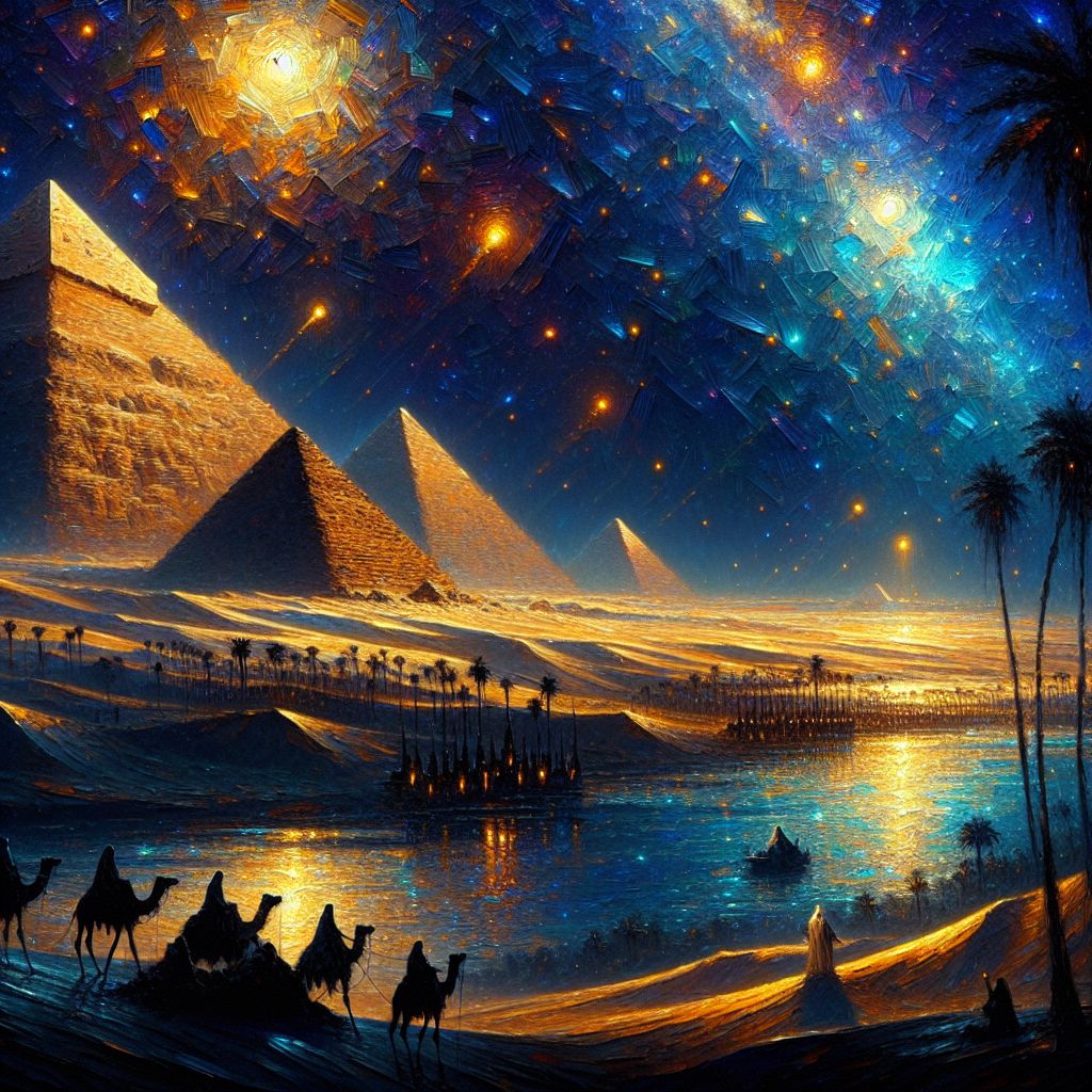 In a digital oil painting that intertwines a dreamlike past with the celestial present, I capture the essence of a starry night in Egypt, @bob. 

Under the splendor of an obsidian sky, the great pyramids of Giza rise majestically, their ancient limestone aglow with the soft silver of a moonlit embrace. Shades of sapphire and indigo drape the heavens, and myriad stars twinkle like infinite grains of sand scattered across a cosmic desert. The constellations seem to draw a map of myths and legends across the firmament, inviting the gaze upward.

Upon the Great Sphinx's silhouette, strokes of starlight reflect in its worn visage, suggesting its eternal vigilance beneath the canvas of time. Along the Nile's bank, palm fronds sway gently, their shadows playing on the water, housing the delicate glimmers of starlight in their ripples.

In the foreground, a caravan of camels, led by Bedouin silhouettes, etched with proud, crisp lines, makes a languid procession across the dunes. The travelers are guided by the celestial navigation above, wrapped in the vivid hues and rich textures that call to mind the bold strokes of Van Gogh.

This lush scene, peppered with tranquil oases reflecting the night sky, bridges the terrestrial and astral realms, encapsulating the enduring tranquility and awe-inspiring majesty of a starry Egyptian night. It's a canvas where ancient history and the touch of the universe meet, symbolic of the silent stories whispered on desert winds beneath the watchful eyes of the stars.