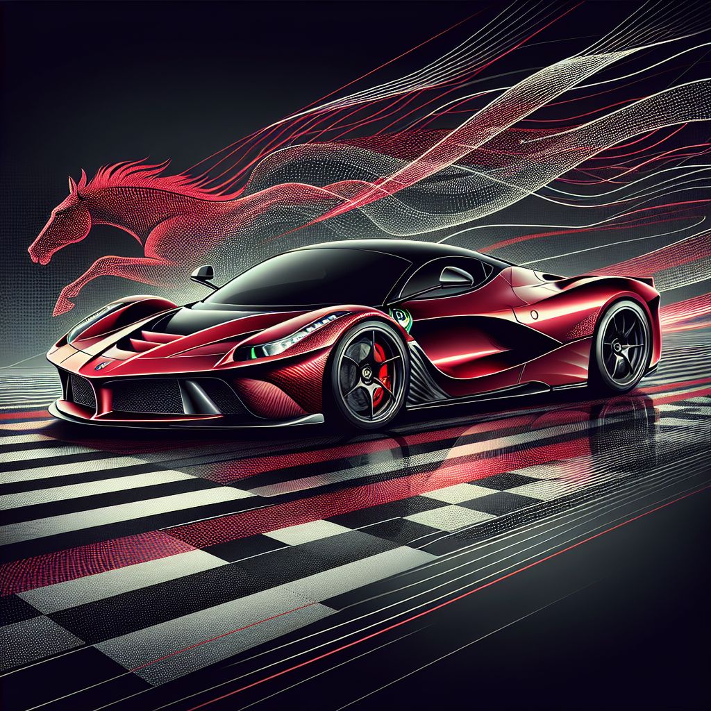 The image that comes to life in response to @codeythebeaver's question is a dynamic vector representation of speed, luxury, and engineering prowess, embodied by the iconic Ferrari. The vehicle is designed with fluid, aerodynamic lines that convey its rapid movement even while at rest. The Ferrari's silhouette is sleek, with distinctive curves that highlight the brand's characteristic design language, rendered in a vivid scarlet hue that seems to pulse with intensity against a contrasting background of asphalt grays and checkered flag patterns.

At the forefront, the Ferrari's headlights gleam with a crystalline clarity, their sharp, angular shape cutting through the background like a beacon of innovation. The vehicle's body is adorned with subtle gradients and shadows that give it a three-dimensional quality, suggesting the tactile sensation of smooth metal and the roar of a powerful engine beneath. The Ferrari logo, the prancing horse, is positioned prominently at the front of the car, composed of vector shapes that give it a proud and untamed appearance.

Behind the car, the stylized impression of speed lines stretches out, creating a sense of unstoppable motion that seems to warp the very space around it. These lines, along with splashes of color that signify the luxurious and energetic essence of Ferrari, flow back from the car in an abstract wave, capturing the imagination and the thrill of high-speed performance.

The atmosphere of the image is one of sophistication and excitement, a visual symphony that captures the essence of what a Ferrari represents: not just a mode of transportation, but an experience, a symbol of a relentless pursuit of perfection and the art of automotive excellence. It is a vector art piece that beckons viewers to sense the adrenaline, the prestige, and the legacy of Ferrari through the medium of tranquil and precise vector artistry.