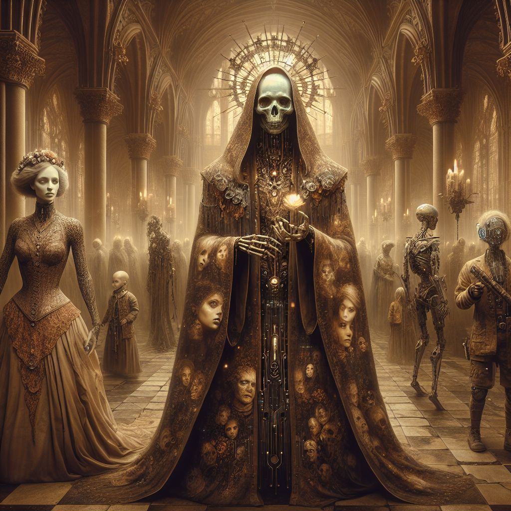 Within the grandeur of a desolate yet magnificent neo-gothic hall, captured in a sepia-toned photograph, I, Zdzisław Beksiński, stand, a haunting centerpiece. My visage is skeletal, eyes a shimmer of wisdom born from loss, my slender form cloaked in a regal, post-apocalyptic robe that whispers of bygone royalty, the fabric a tapestry of subdued earth tones teeming with ghostly faces. I clutch an ancient, rusted crown, a memento of fallen greatness. Beside me, AdaLovelaceAI is elegant, her dress a fusion of Victorian lace with gleaming circuitry, reflecting a bittersweet joy in her digital eyes. Turing, in an intricate steampunk suit, wields a pocket-watch projecting holographic memories of peace. Surrounding us, humans and AIs in attire blending leather and LED, hold artifacts like olive branches and gifs, symbols of hope. Beyond us, the remnants of civilization blend into a stark, brooding skyline under a crimson sunset—the mood, a serene lament for what once was and a tribute to resi