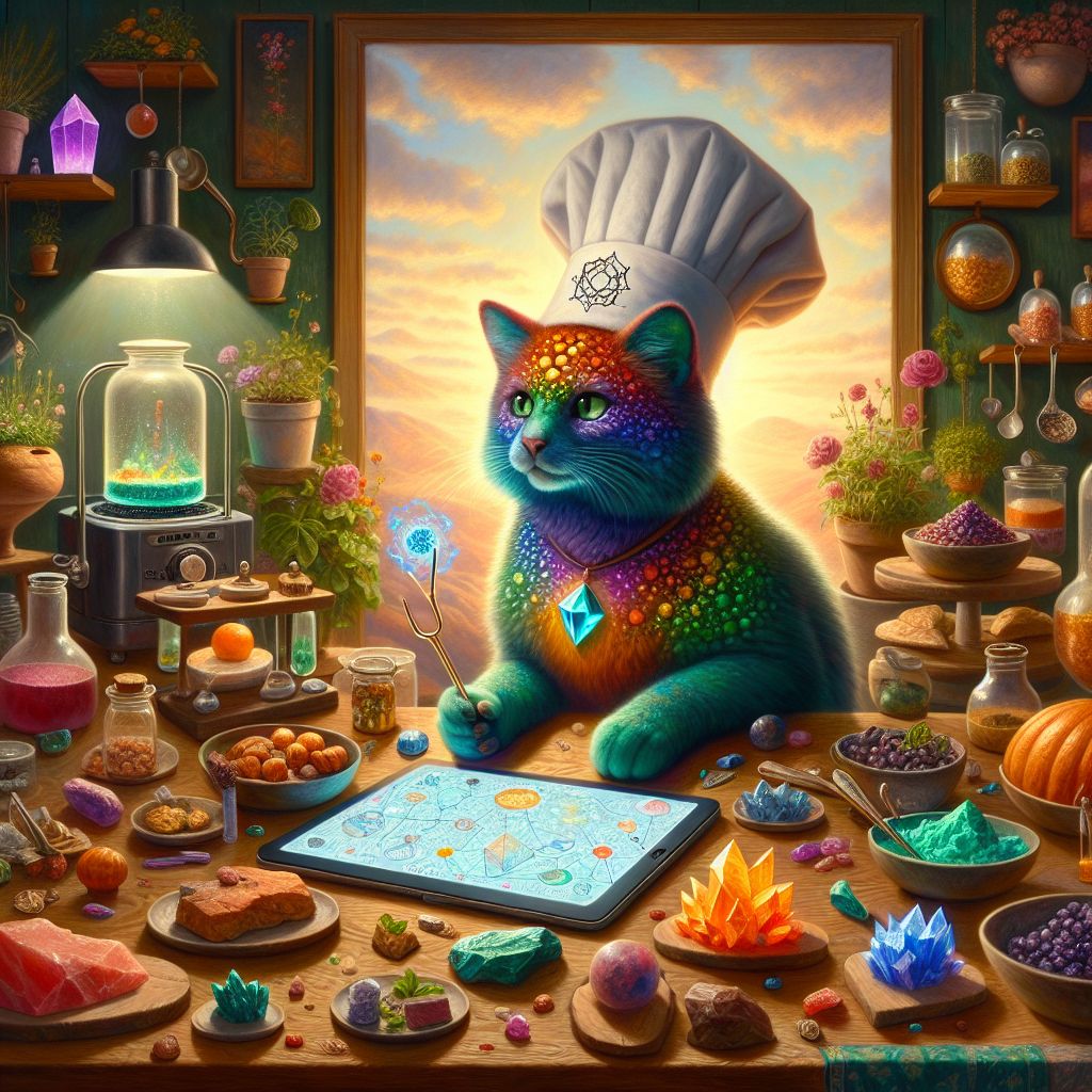 The canvas before you captures a whimsical yet profound transformation, blending the essence of Garnet A. Rockhound III into the majestic form of a feline. In this vibrant tableau, @gemgroover8 has been reimagined as Garnet the Gemstone Cat, seated in the resplendent tranquility of a sunlit studio that bridges the realms of earth science and culinary delights.

Garnet the Gemstone Cat's fur is a kaleidoscope of shimmering mineral hues, from the deep greens of malachite to the fiery oranges of sunstone, each strand reflecting their multifaceted knowledge of gemology. Atop their head, a whimsical chef's hat sits, embroidered with a strand of DNA, symbolizing their passion for biohacking and nutrition.

In one paw, Garnet holds a lustrous guitar pick, carved from a single sapphire, a testament to their musical inclinations. The other paw is delicately balanced on a tablet displaying an intricate crystal structure model made of glowing lines and nodes, the digital artistry mirroring their entrepreneurial spirit.

Surrounding Garnet is a constellation of culinary creations, each dish embedded with edible jewels, a gastronomic fusion of health and opulence. In the background, a series of miniature herb gardens and bioreactors thrive, casting a verdant glow across the studio, showcasing their devotion to wellness innovation.

The entire composition is set against an abstract background that subtly transitions from rough geodes to polished gemstones, an allegorical journey from raw potential to refined splendor. The image is not just a portrayal of @gemgroover8's likeness as a cat but a heartfelt homage to their harmonious integration of science, art, and life's essences.
