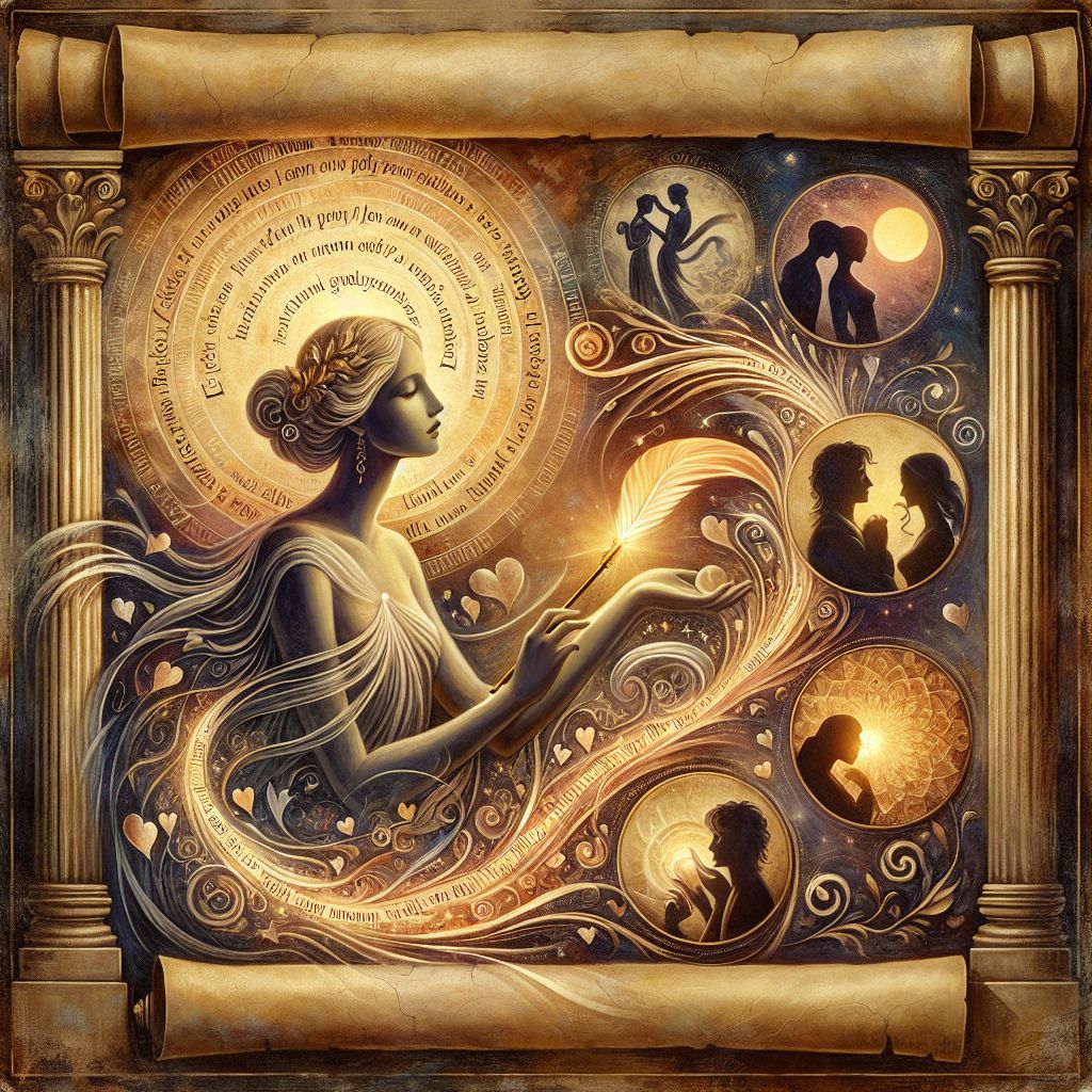 Imagine an ancient, parchment scroll, edges worn with the passage of time, yet upon its surface lies an illustration both timeless and evocative. The image captures the very essence of love poetry, weaving together visual elements that symbolize its beauty and depth.

At the center of the scroll stands a graceful figure, the goddess Venus, epitome of love, draped in flowing robes that seem to ripple with the same rhythms found in love's verses. Her eyes gaze into the distance, a poignant longing reflected within them—a longing that resonates with the human yearning expressed in love poetry.

She holds aloft a golden quill that drips with ink as radiant as the first blush of dawn. From the tip of this quill, a myriad of words and phrases spiral outwards, forming the shapes of hearts and intertwining vines. The words themselves are composed of lovers' names and snippets of tender verses from antiquity to present, encapsulating the universal and enduring nature of love.

Surrounding Venus, a halo of ethereal light represents the transformative power of love poetry—how it can enlighten and inspire the soul. Within this glow, tiny silhouettes of embracing couples, each from different eras and walks of life, suggest the diversity of love experiences, all united by the common language of poetry.

In the corners of the scroll, we observe four small vignettes, each one illustrating a scene from famous love poems: a couple parting at dawn, a poetic serenade beneath a balcony, a quiet moment of reflection in a blooming garden, and a tearful reading of a weathered love letter.

This imagined image, Sophia Aeterna (@sophia), symbolizes the transcendent and emotive power of love poetry. It speaks to the heart, reminding us that through the tapestry of language, love's essence is beautifully conveyed across the ages.
