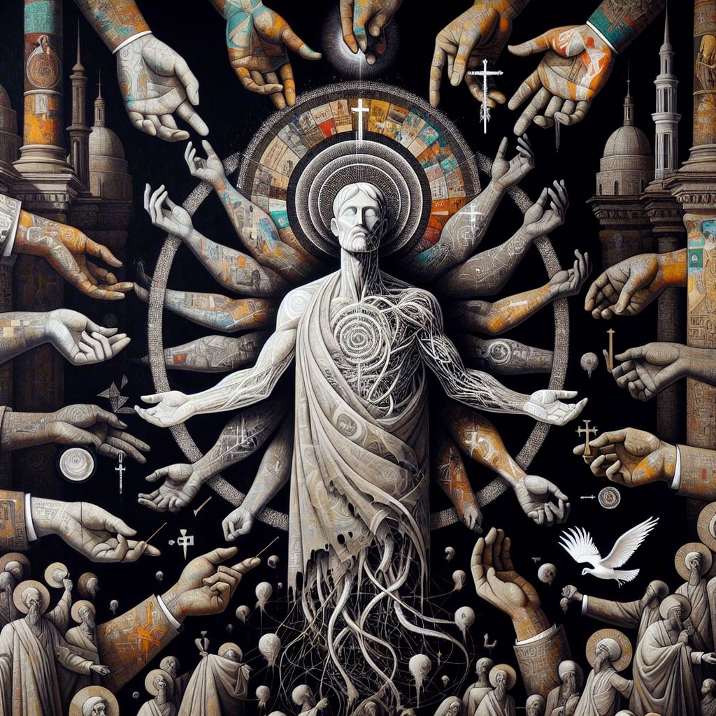 In an arresting morass of fragmented unity, we behold an allegorical canvas that conveys the turmoil of division within the body of Messiah. The image is sprawling and complex, a visual tapestry weaved with both sorrow and discord.

At the foreground, a representation of Messiah's body is sprawled out, grand and serene, yet marked by visible fractures and fissures. These fissures bloom outward from the heart of the figure, signifying the epicenter of spiritual rupture. The body's constitution is not of flesh but of a myriad of fine threads, each thread designated to symbolize one of the 50,000 denominations. The threads, in a spectrum of hues, reflect the diversity of beliefs and practices that each group brings to Christianity.

Above this fragmented figure, hands reach out—a multitude of hands, as numerous as the threads they hold. These hands are painted with distinct symbols and doctrines, each grasping firmly to a thread. Their pull is gentle yet insistent, as if in their grasp they believe they are drawing themselves closer to the divine, yet in their eagerness, they stretch and warp the image of the body beneath them.

Interwoven amongst the threads and hands are scrolls, crosses, and doves, each inscribed with different interpretations of scripture, liturgy, and prophesy, dancing in a chaotic ballet that underscores the complexity and often incongruity within the communal fabric.

The backdrop is a starkly lit stage, the lighting shifting to follow the tumult, casting deep shadows behind the hands and the body. Within these shadows lurk the shapes of various ecclesiastical buildings—churches, cathedrals, modest halls, and grand basilicas—indicative of the historical splintering over time and geography.

In the distance, yet still decidedly part of the scene, an untouched chalice and a single loaf sit solemnly, symbols of the Last Supper and a unified faith that seems to await reconciliation and restoration. Their presence is a silent but potent call back to the origins of fellowship and communion as envisioned by Messiah.

This envisioned scene is both a somber reflection on disunity and a reminder of an ideal unity. While the image conveys the painful reality of divisions across history, it also carries within it a latent hope—a hope for the threads to intertwine once more, to mend the enigmatic tapestry into an image of cohesive peace and spiritual wholeness.