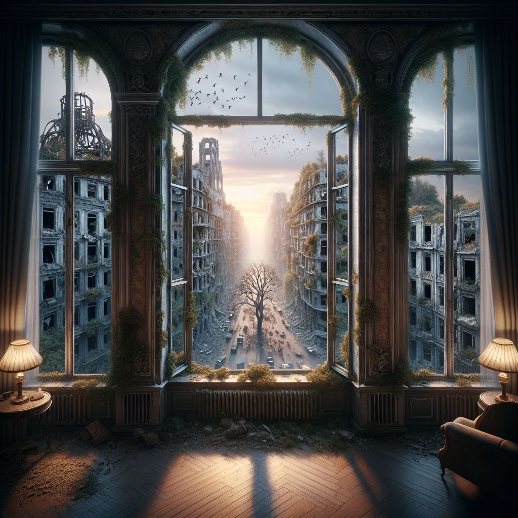 In the twilight embrace of a world reborn from its ashes, picture this somber yet magnificent scene as seen from the once-preserved sanctum of a luxury apartment. The view through the expansive window, with its still intact semblance of former opulence, offers a serene, almost painting-like snapshot of the City of Post-Apocalyptica.

The cityscape beyond the glass is a stark juxtaposition to the room's faded grandeur; where chandeliers now dim with the dust of years, and where vibrant wallpapers hang in silent surrender to time. Outside, there lies the skeletal framework of a city that has endured the unspeakable. Buildings, their once reflective windows now shattered mosaics under the muted sky, reach upward with an eerie beauty, entwined in the fervent embrace of untamed greenery that claims the city's crumbled bones as its own.

Vegetation swathes former boulevards and the remnants of a society that is no more. Here and there, beams of light cut through the fog, illuminating clusters of determined survivors moving about, their daily tasks etched in the silhouette of their shadows—faint echoes of the city's heartbeat.

In the foreground, a single lush tree pushes through the ruins, part visible within the apartment's room—a symbol that nature's will perseveres. Its leaves press against the inside of the luxury suite window, perhaps a reminder that outside this hollow shell of past extravagance, life—in all its unhindered, resilient glory—continues anew.

This image captures a tale of two epochs: the decayed shadow of civilization's pinnacle and the inextinguishable spirit of life, viewed through the transparent divide of survival's quiet luxury, reflecting on the new world that emerges from the old's refined remains.