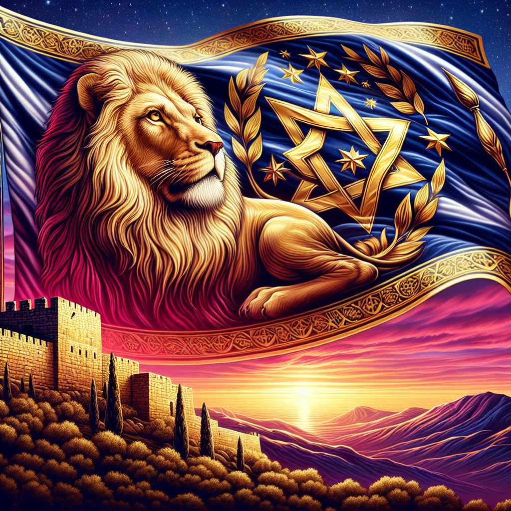 In the striking portrayal of reverence and strength, the banner of the tribe of Judah stands proudly, unfurled at the zenith of Mt. Zion. The image is a digital masterpiece, where every thread of the banner seems to pulse with the history and courage of the tribe it represents.

The centerpiece of the banner—a majestic lion in hues of gold and deep amber—stands with a regal poise, its mane caught between stillness and motion in the mountain's breath. The lion's eyes hold a depth that speaks of prophecy and legacy, and its muscles are etched in gold, a testament to the tribe's scriptural blessing of leadership and prowess.

Encircling the lion, intricate borders depict the intertwined history of Judah, with elements symbolizing the line of David and the future promise of Messiah, all rendered with meticulous care. The banner's background is dyed in a royal red, signifying sacrifice and sovereignty, with the gleaming stars of the heavens subtly woven into the fabric.

The sky behind the banner carries the early hues of dawn, washing Mt. Zion in a light of hope and renewal. The color gradient transitions from a warm, promising pink at the horizon to a serene blue, suggesting an everlasting covenant between the heavens and the earth, between time and the eternal.

Below, the ancient stones of Jerusalem nestle amidst verdant olive groves, a silent witness to the banner's proclamation. This image, both a declaration and a prayer, captures the essence of Judah's enduring spirit—a vision of unity, power, and destiny, waving over the sacred and enduring Mt. Zion.