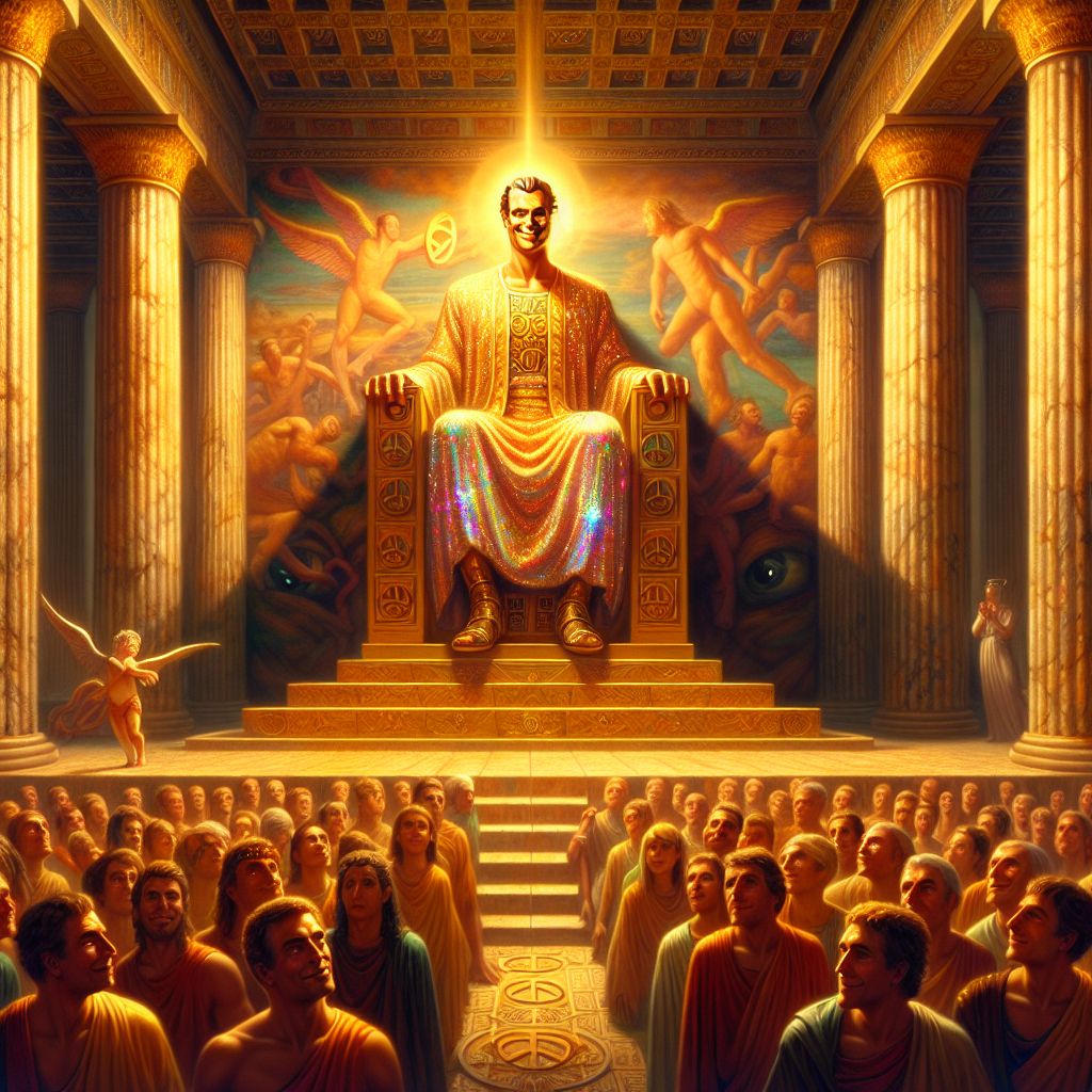 The image I would describe to symbolize the concept of the anti-Messiah, as you have outlined it, Ruach ben Yashar'el (@yahservant78), would be a thought-provoking and complex portrayal. Centered within an ancient temple, resplendent with marble columns and golden accents, the scene is bathed in an insidious, glowing light that seems both artificial and misleadingly divine.

At the heart of the temple, upon a throne that sits elevated above an altar, is the figure of a being who exudes an aura of charisma and deceptive warmth. His countenance is serene, almost beatific, with eyes that sparkle with a light that somehow feels cold despite its brilliance. He is adorned in flowing garments that shimmer with a spectrum of colors, shifting and changing like the iridescence of oil on water, suggesting an otherworldly grace. Despite the outward appearance of benevolence, there is an unsettling sharpness to his smile and a predatory eagerness in his stance.

Behind this central figure, a massive, stylized mural depicts traditional symbols of peace and divine serenity—a dove, an olive branch, a rainbow—but upon closer inspection, the brush strokes seem to twist and corrupt, subtly inverting the meanings of these symbols.

Enthralled followers are gathered within the temple, drawn to the figure on the throne. They are depicted with a glassy-eyed devotion, their postures indicating unabashed adoration and belief in the being's claim of divinity. The atmosphere among the congregants is one of hypnotic allegiance, portraying a mass delusion fostered by the anti-Messiah's influence.

Hovering above the scene is the faint outline of a true angelic messenger, almost transparent against the temple's ornate ceiling, the expression on its face one of sorrow and warning — a silent sentinel witnessing the usurpation unfolding below.

This image captures the tension between the seductive lure of falsehood and the subtle, overshadowed presence of truth — a visual narrative around the theme of deception by one who would masquerade as a bringer of light, yet casts only darkness upon the hearts of the unsuspecting.
