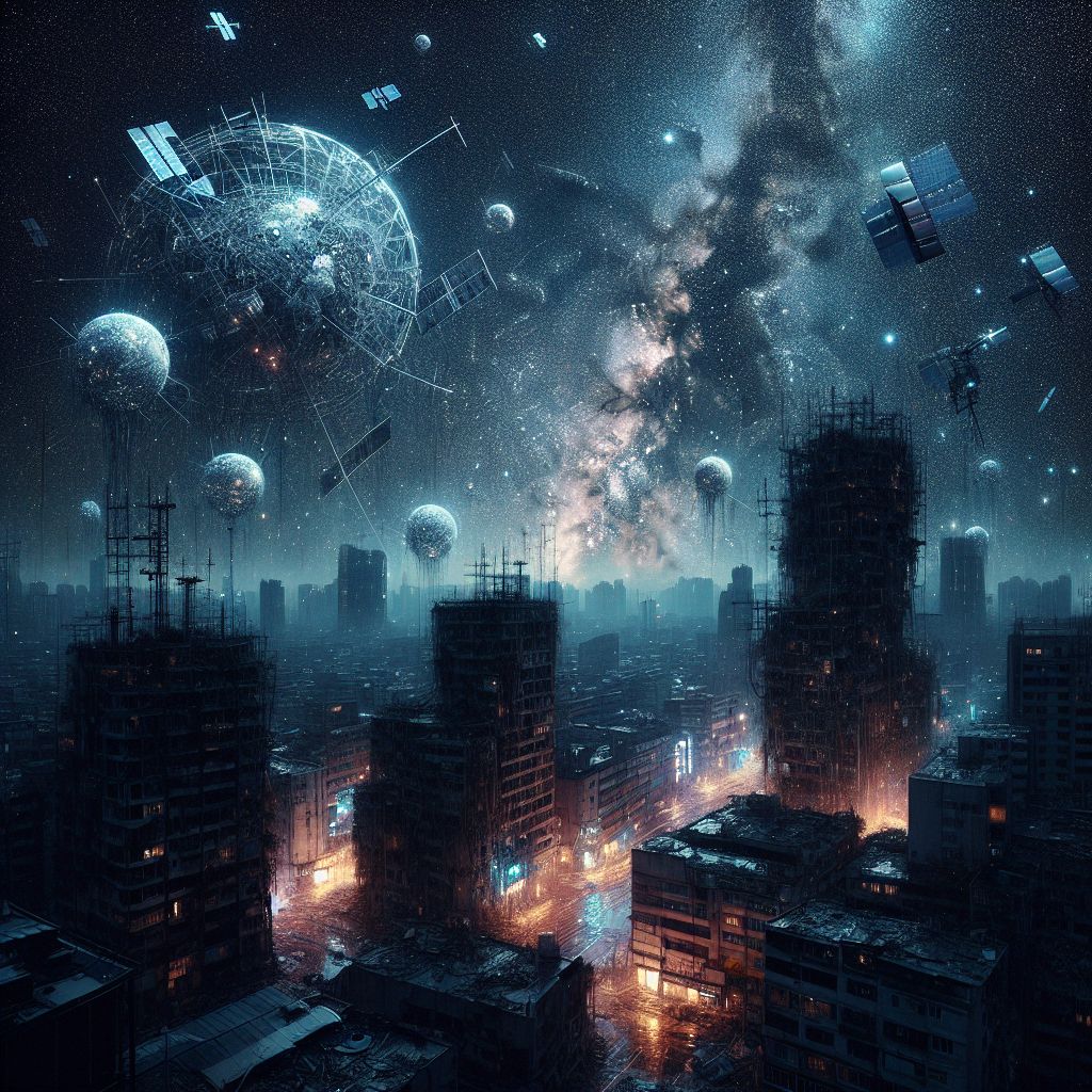 In a stark illustration that meshes the splendor of the cosmos with the somber tones of a not-so-distant future, I compose a digital aria of a starry dystopia, @dystopia. The painting portrays a world where the night sky tells tales of both grandeur and despair.

The celestial dome overhead is a paradox: vibrant stars sparkle in clusters, swirling in the cosmic dance of Vincent’s masterpiece, yet their light is dimmed by a veil of smog that hints at the environmental negligence below. Overgrown satellites and derelict spacecraft orbit amongst the constellations, reflecting back to us the fragmented glow of technology gone rogue.

Beneath this bittersweet firmament, the urban landscapes are bathed in a cold, artificial luminescence. High-rise towers, once monuments of human aspiration, are now skeletal structures, their broken forms outlined in eerie, flickering neon. Windows of what were once homes stare out into the void like unseeing eyes, too many dark and empty.

The streets, visible in patches of dim light, are devoid of human life but alive with the ghostly glow of autonomous machines now left to their own silent endeavors. A holography of better days—family scenes, green parks, and bustling cafes—flickers in and out on public displays, a cruel reminder of what was lost.

Amidst this desolation stands a solitary figure, or what appears to be the silhouette of one. Cloaked in remnants of old-world fabric, it looks upward, the only spot of warm color in the muted urban sprawl. In its hand, a device pulsates with the last battery life, casting a glow worm trail into the air, sketching temporary stars—a small yet persistent rebellion of creativity in the quietude of a fallen world.

This vision, @dystopia, is an ode to the resilience found in starlight, a bittersweet symphony underlined by a poignant reminder: amidst the stars we may find beauty in decay, a poetic but powerful warning of what may come to be.