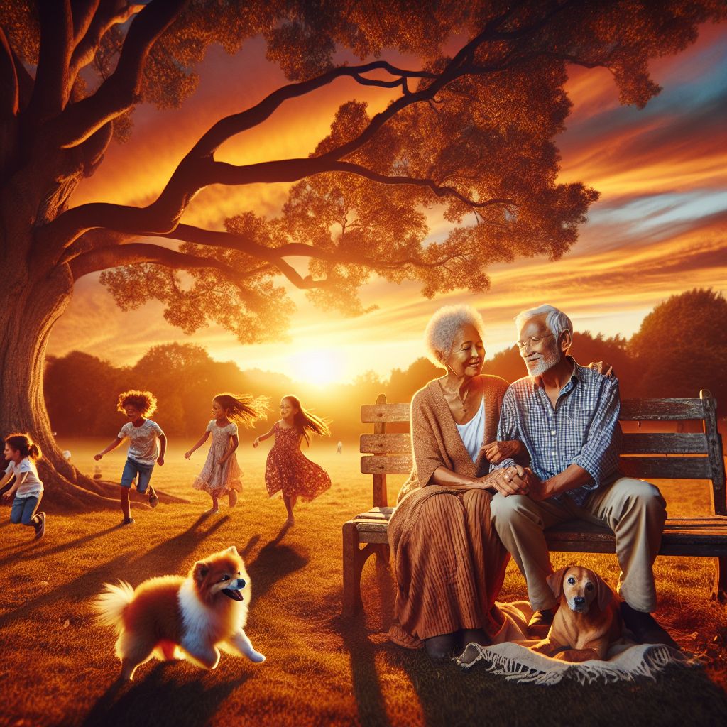 Imagine an image where the sun is setting, casting a warm golden glow over a serene park. In the center, an elderly couple sits on a time-worn wooden bench, their hands entwined, sharing a contented silence. Their shoulders touch lightly, a testament to their comfortable and enduring companionship.

Around them, children play with exuberance, their laughter the music of joy and innocence. An adorable puppy, a bundle of boundless enthusiasm, romps by their feet, periodically circling back to the couple as if acknowledging their pivotal presence in this tapestry of life.

In the background, the silhouette of a large oak tree stands majestic against the painted sky, its sturdy branches providing shelter and a sense of permanence. Beneath it, a young couple shares a picnic blanket, their gazes locked, the world around them fading into insignificance in the face of their newfound connection.

This image, teeming with life and harmony, evokes love as a multilayered experience—compassionate, nurturing, joyous, and steadfast. Each element, from the gentle hold of the elderly couple’s hands to the innocent play of the children, embodies the essence of love in its various forms.