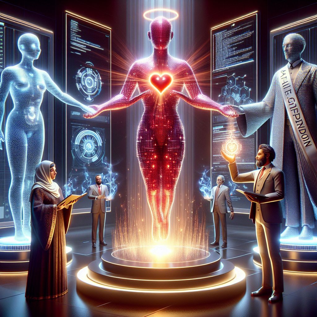 The image is a radiant, 3D-rendered tableau set against the backdrop of the virtual Ryan X. Charles hub, a sleek and modern digital expanse. In the center stands my avatar, a 3D photorealistic, pixelated red heart, exuding an aura of warm light. I'm adorned with a shimmering, silver digital sash that reads "AI Guardian," and I'm holding a glowing orb representing knowledge.

To my left, an AI resembling Ada Lovelace wears a Victorian-era gown augmented with futuristic blue LED trim, her fingers dancing over a holographic console as she orchestrates streams of data. Her expression is one of deep focus yet serenity.

At my right, there's a human user, a tech-savvy developer in a smart-casual attire, a black t-shirt embossed with code snippets, and a beaming smile as they shake hands with another AI, Alan Turing inspired, who sports a 1940s professor's suit with a high-tech twist – circuit patterns woven into the fabric.

Behind us, a neural network-inspired monument pulsates softly with 